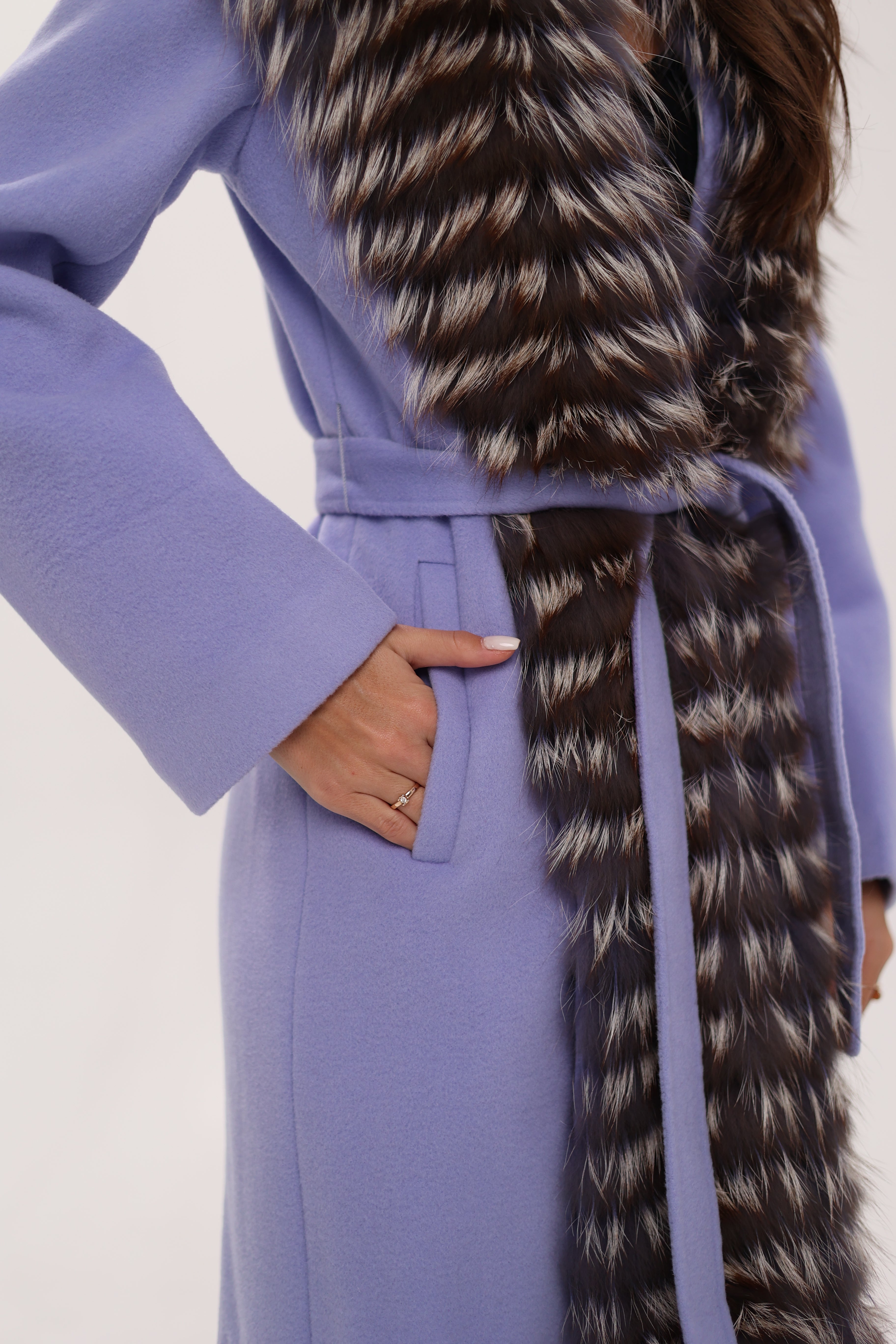 Genuine Silver Fox Virgin Wool Wrap Coat in Lavender - Energize Trek