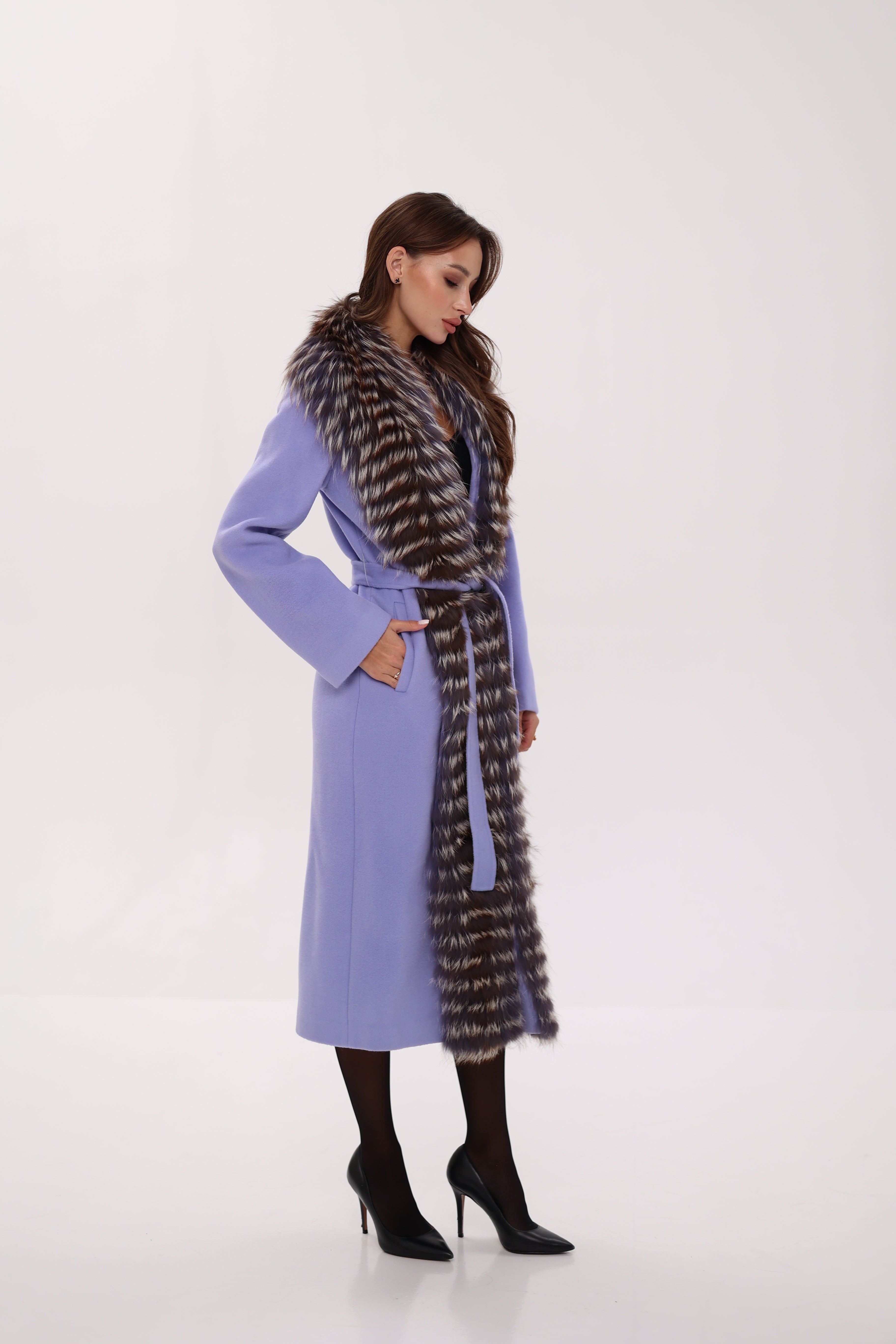 Genuine Silver Fox Virgin Wool Wrap Coat in Lavender - Energize Trek