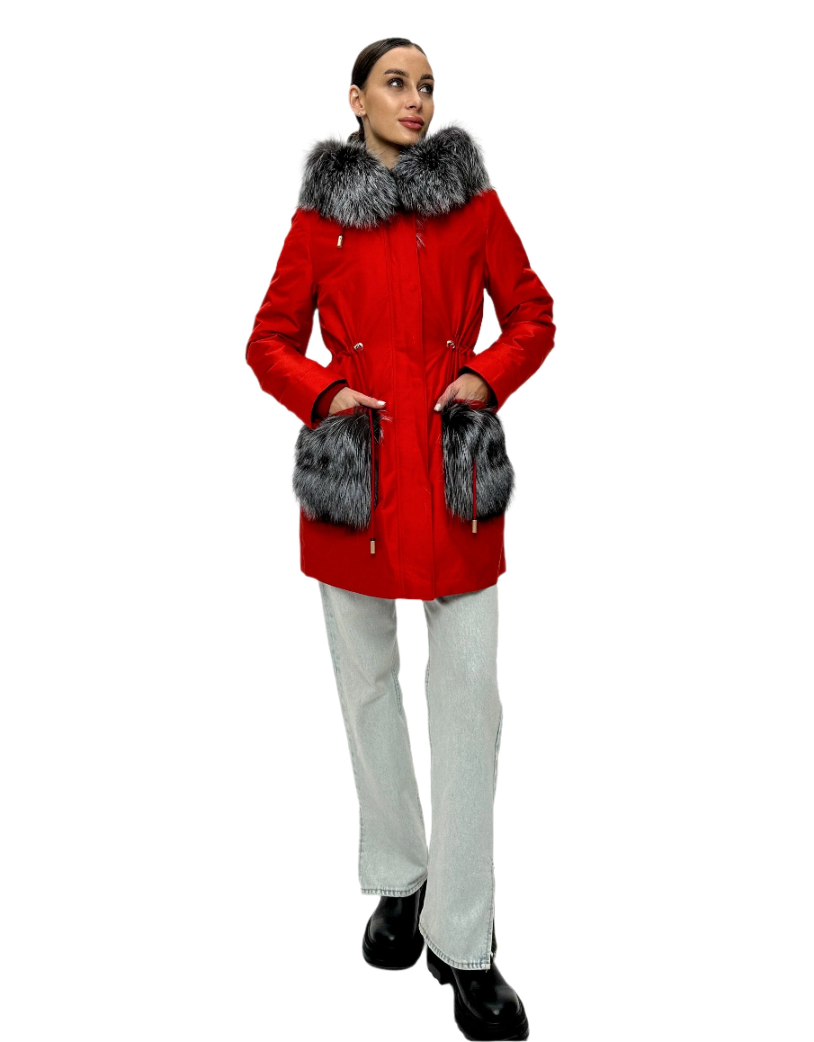 Roma Genuine Silver Fox Fur Rabbit Fur Insulated Parka in Red - Energize Trek