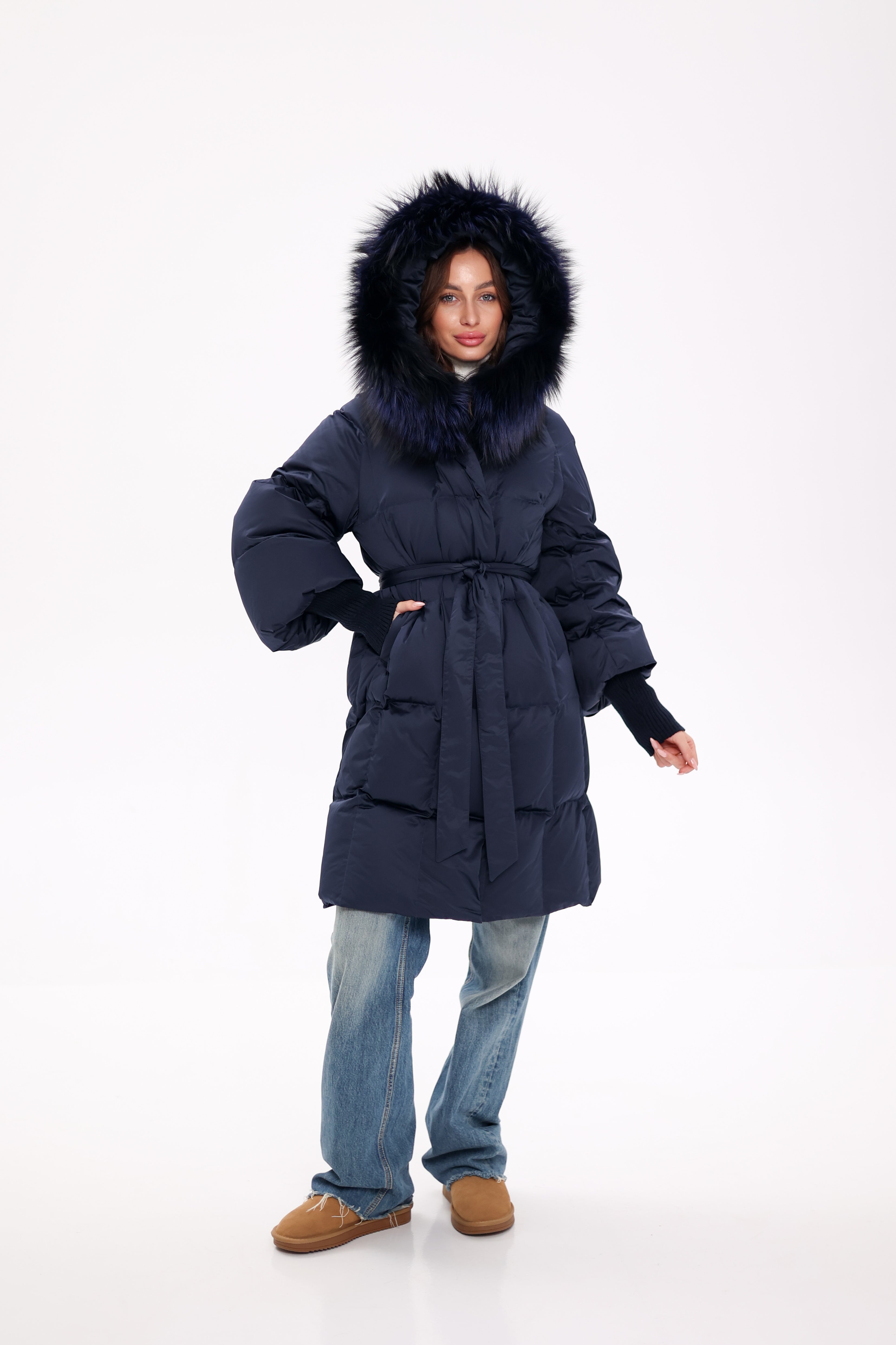 Genuine Fox Fur Trim Down Coat in Royal Blue - Energize Trek