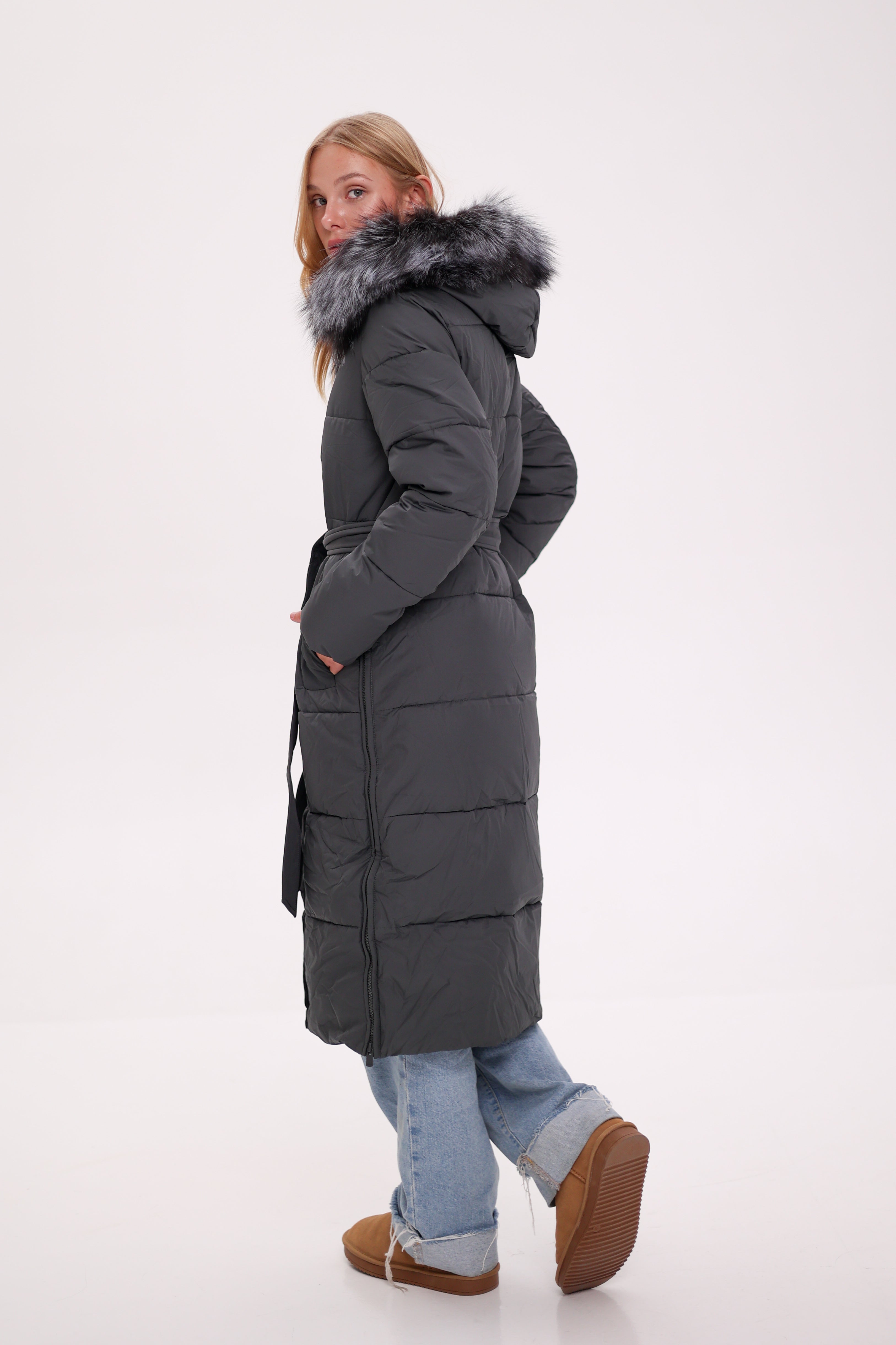 Genuine Silver Fox Belted Winter Insulated Coat - Energize Trek