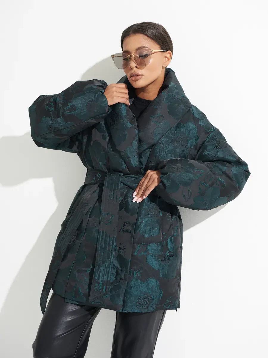 Monochrome Jacquard Down Coat in Vintage Emerald - Energize Trek