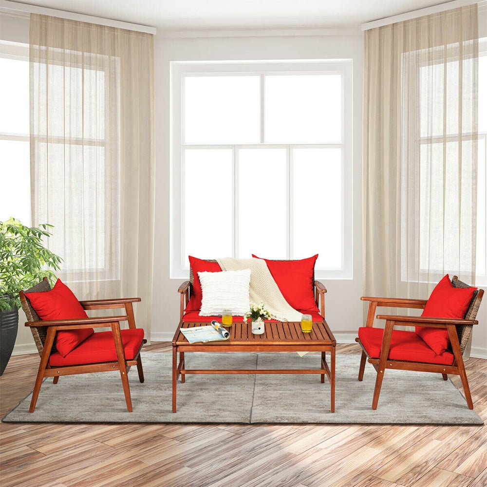 8PCS Patio Rattan Furniture Set With Acacia Wood Frame & Cushioned Sofa Chairs (97415280) - Energize Trek