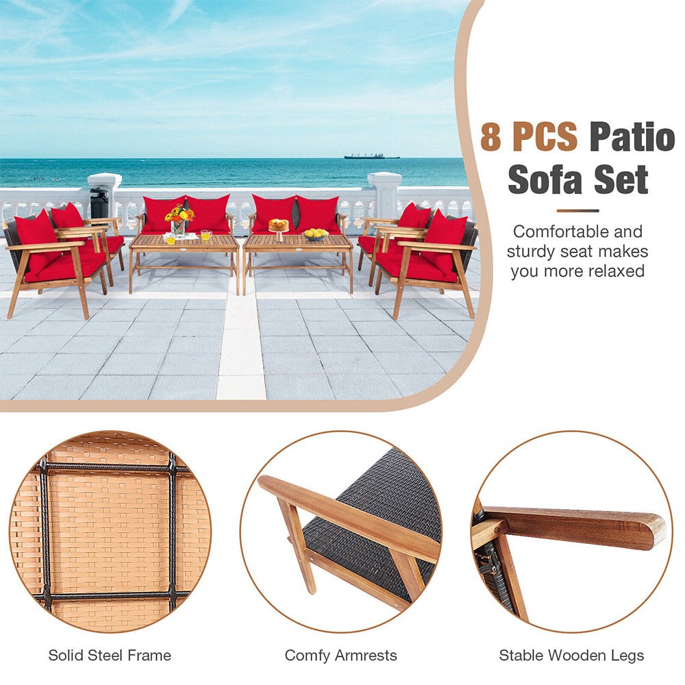 8PCS Patio Rattan Furniture Set With Acacia Wood Frame & Cushioned Sofa Chairs (97415280) - Energize Trek