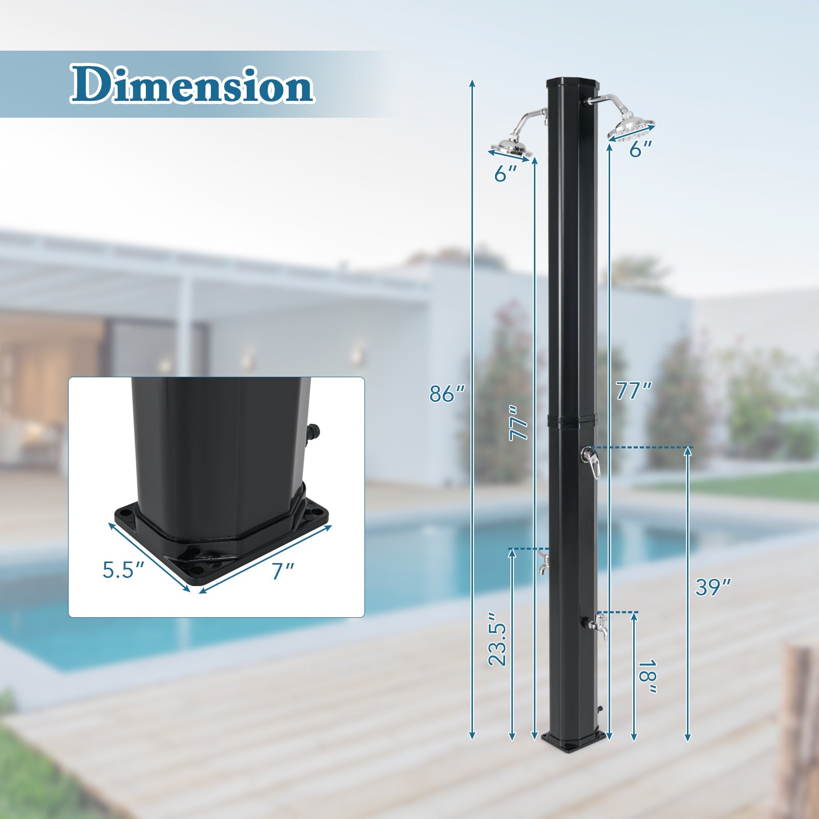 9.3 Gallon Solar Heated Outdoor Shower with Dual Shower Heads-Black - Energize Trek