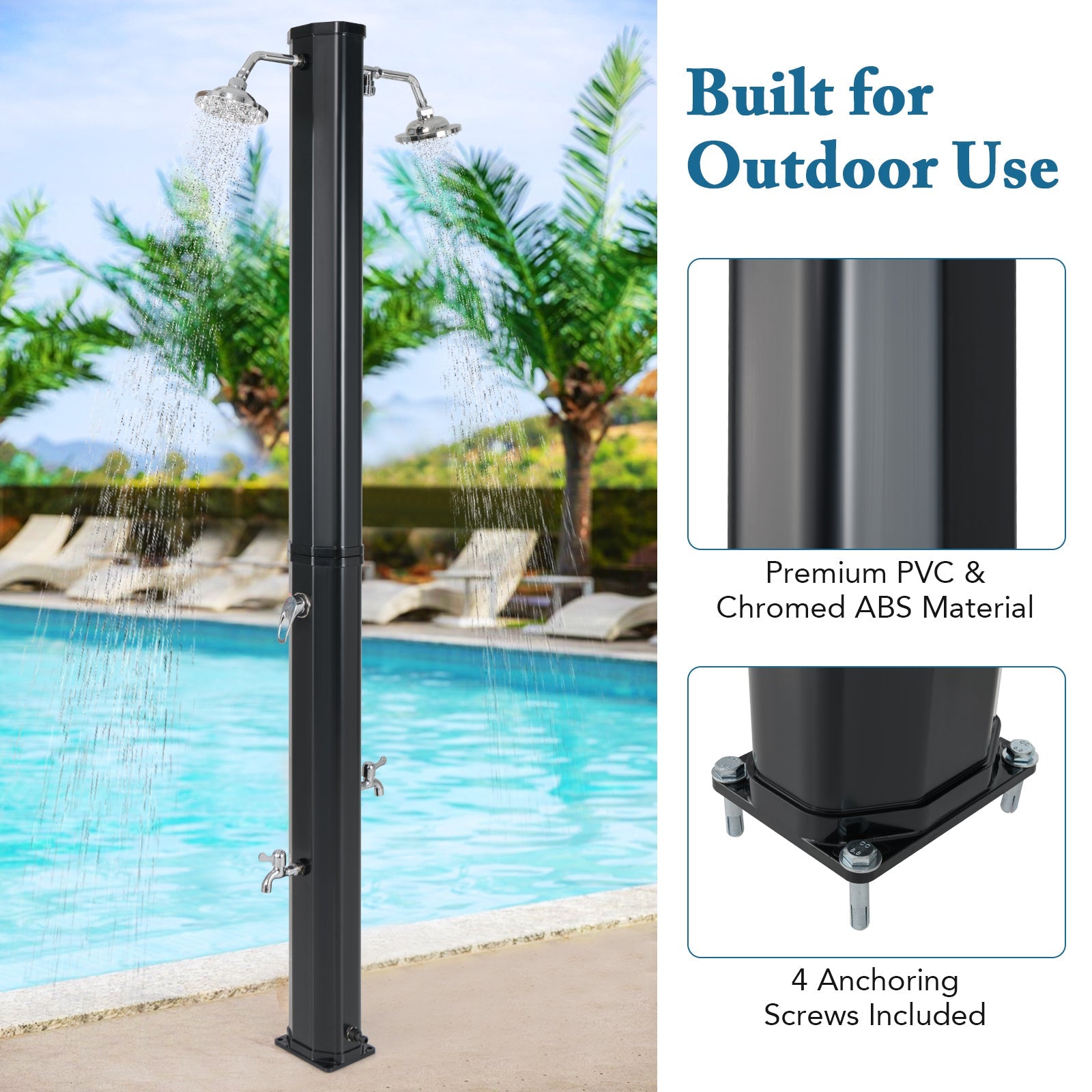 9.3 Gallon Solar Heated Outdoor Shower with Dual Shower Heads-Black - Energize Trek