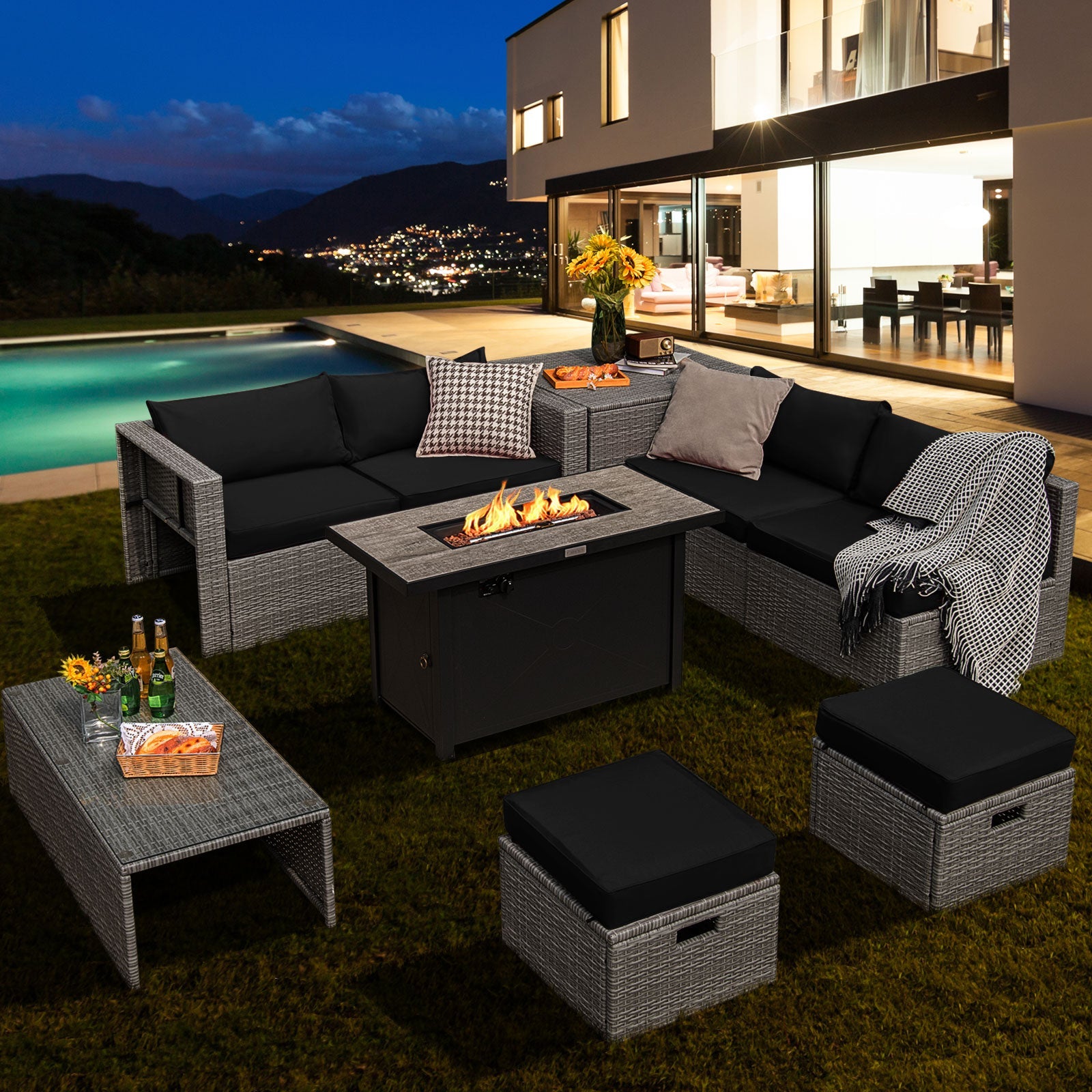 9 Pieces Patio Furniture Set with 42 Inches 60000 BTU Fire Pit-Black - Energize Trek