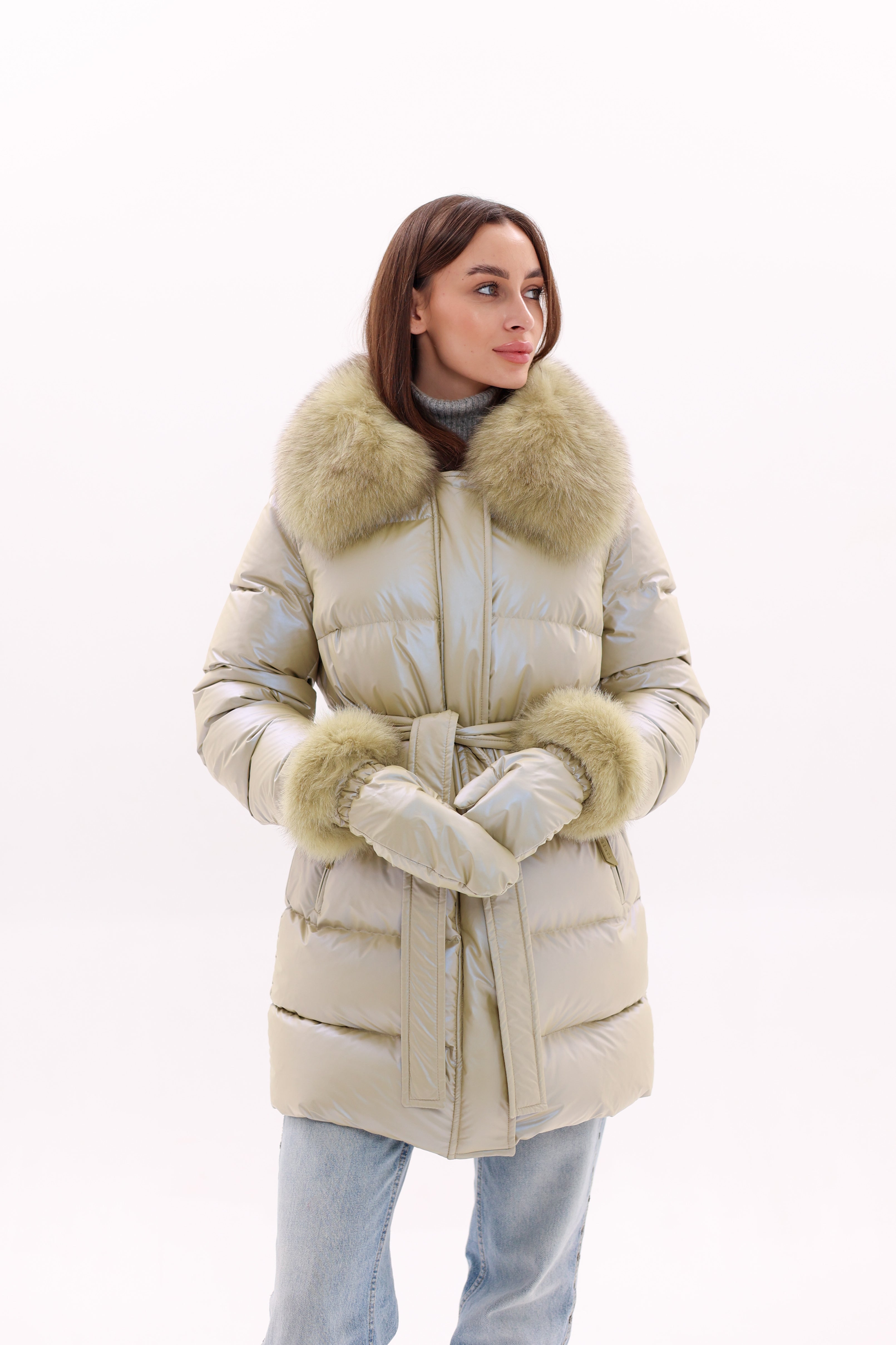 Genuine Fox Fur Down Coat with Fur Trim Mittens - Energize Trek