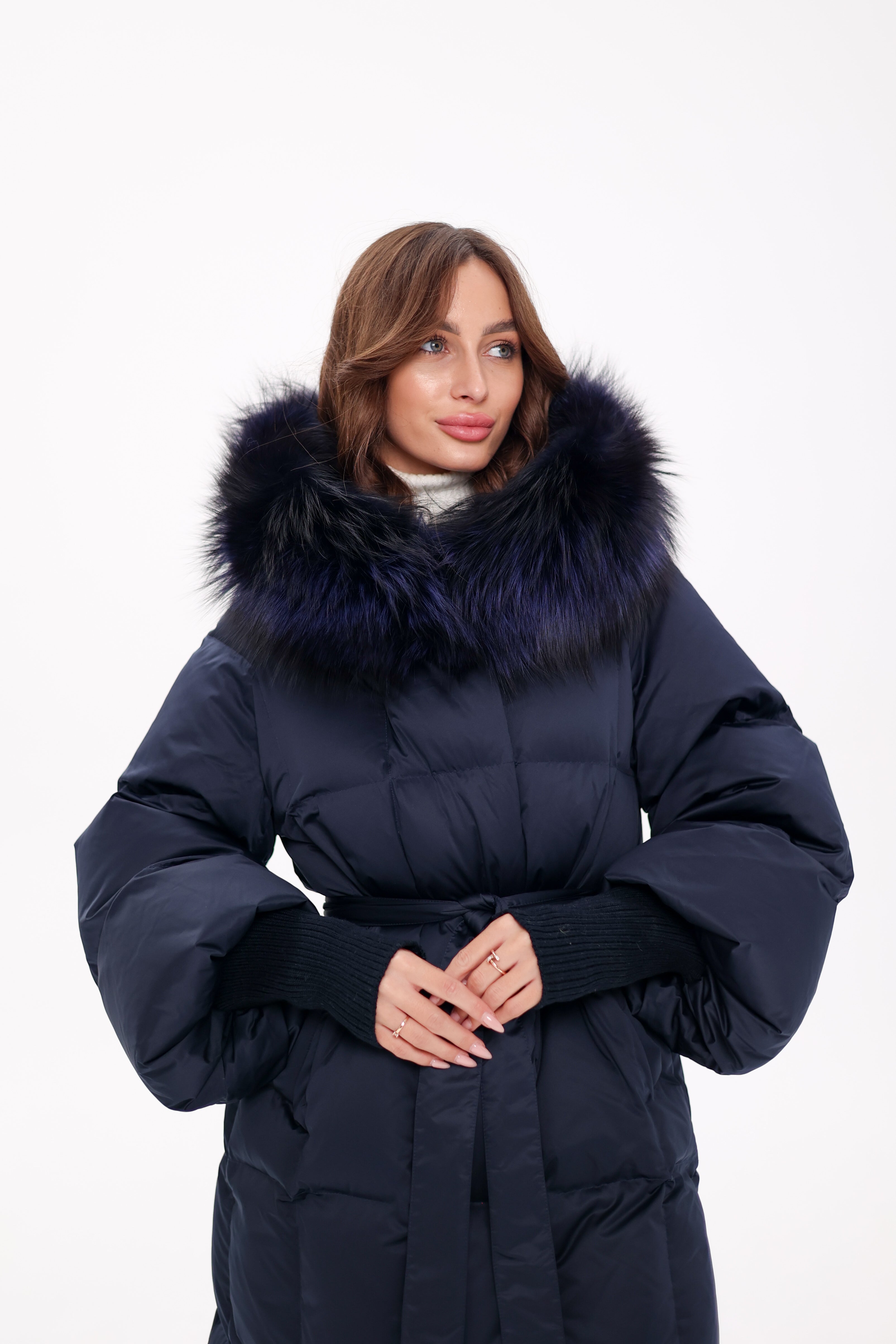 Genuine Fox Fur Trim Down Coat in Royal Blue - Energize Trek