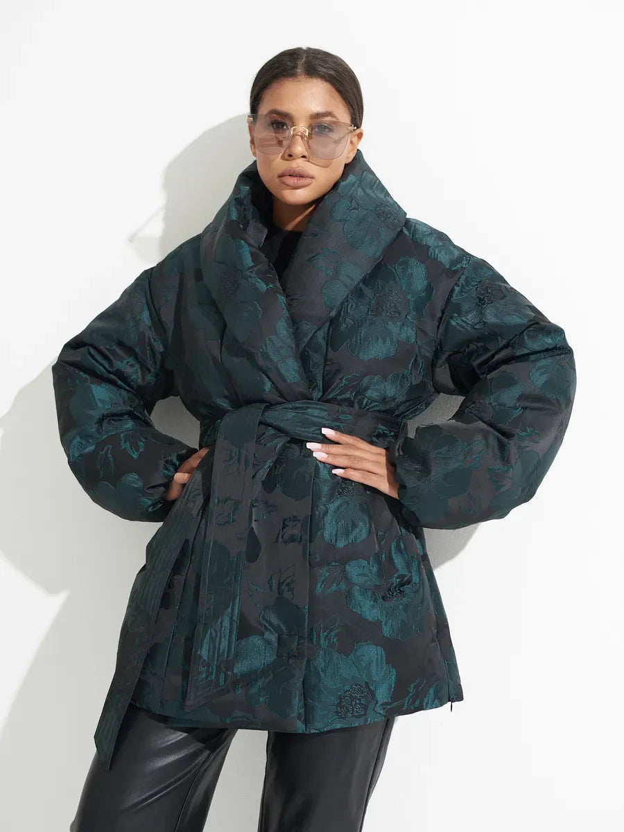 Monochrome Jacquard Down Coat in Vintage Emerald - Energize Trek
