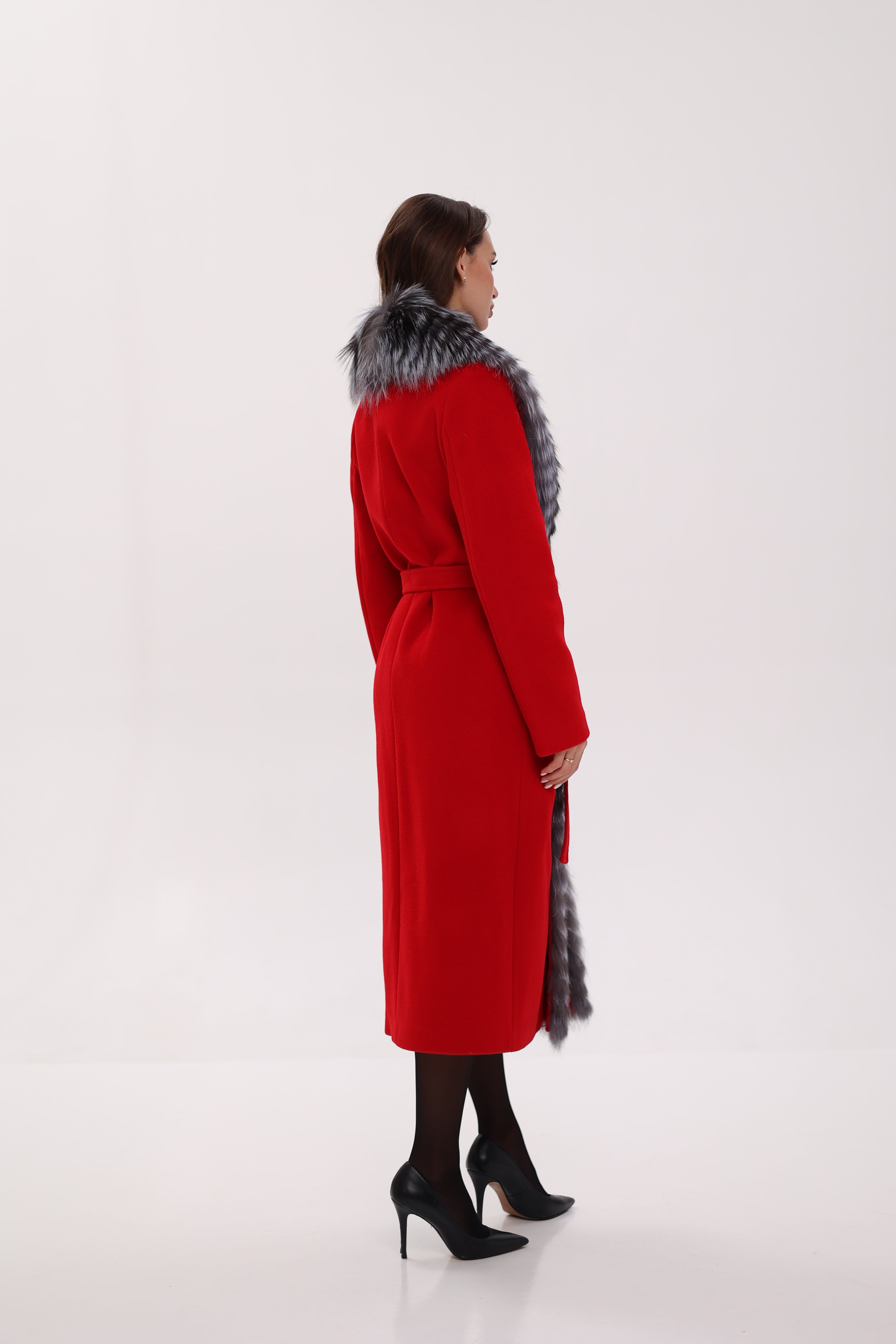 Genuine Silver Fox Virgin Wool Wrap Coat in Red - Energize Trek