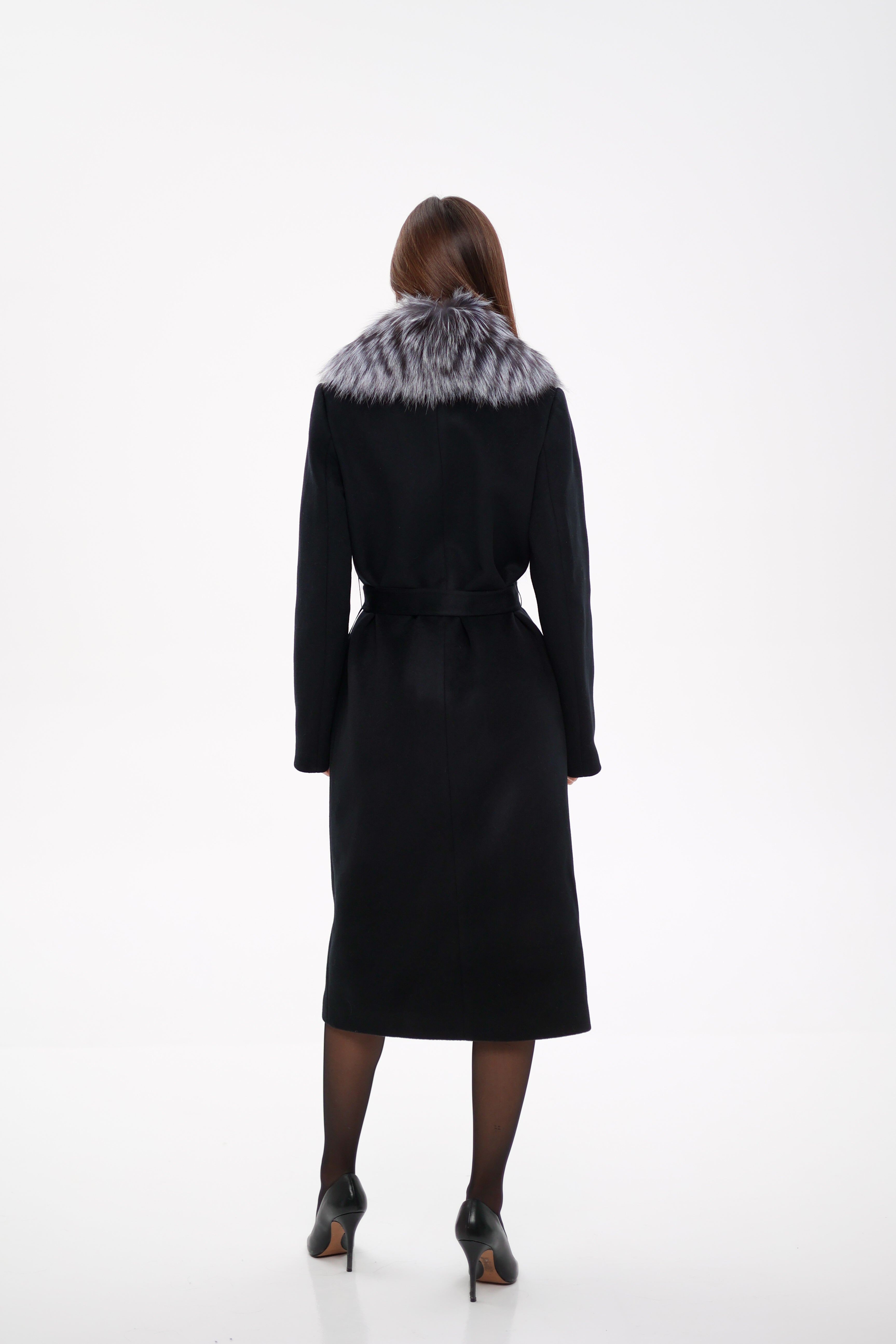 Genuine Silver Fox Virgin Wool Wrap Coat in Black - Energize Trek