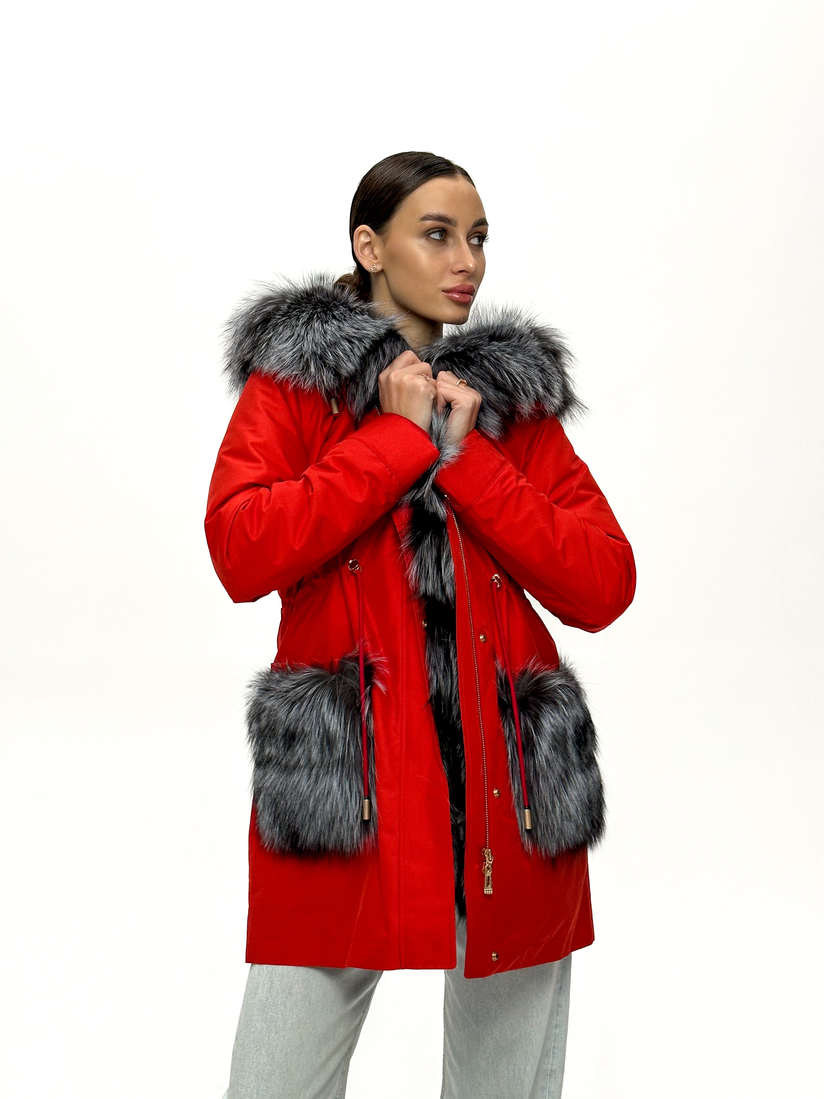 Roma Genuine Silver Fox Fur Rabbit Fur Insulated Parka in Red - Energize Trek