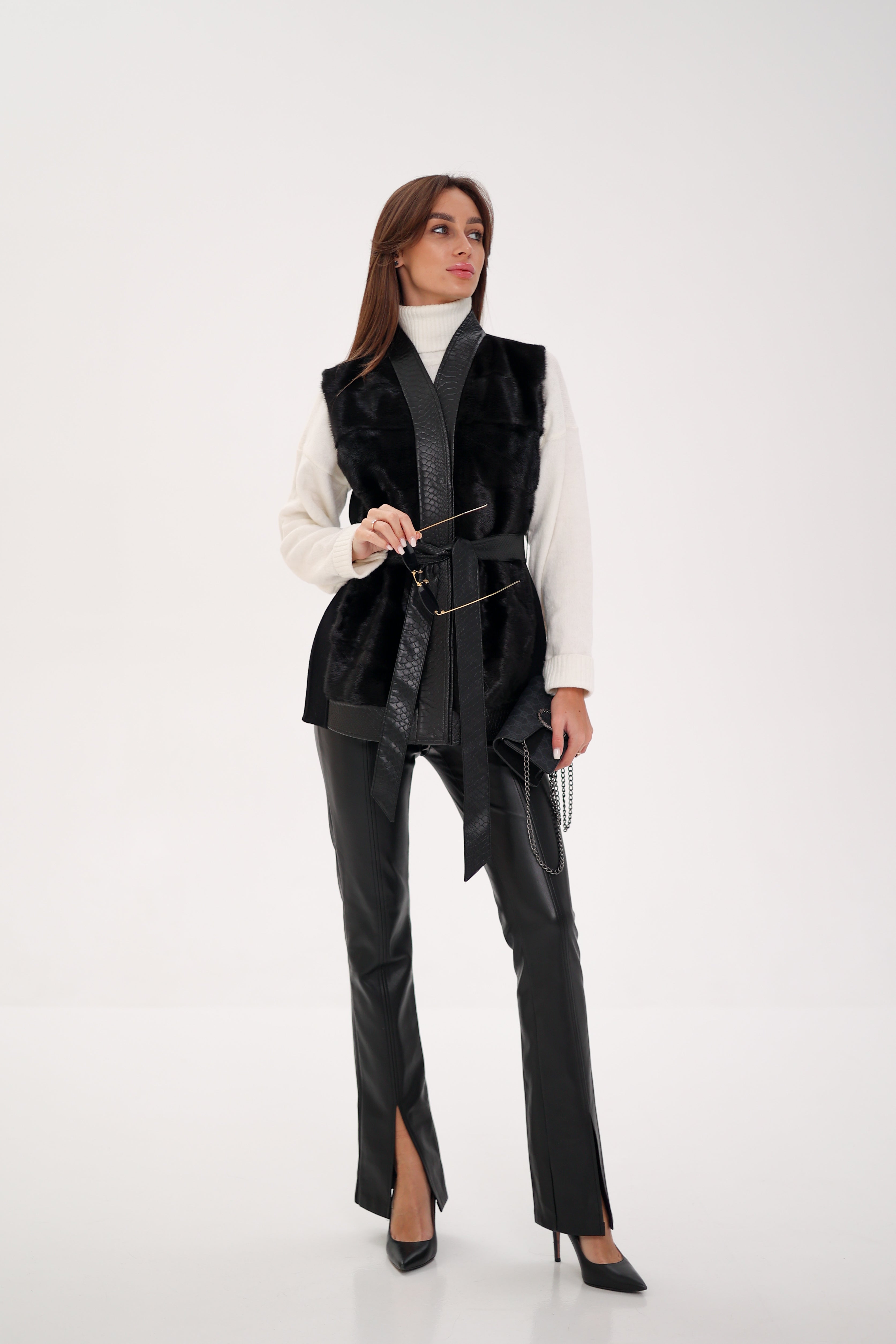 Genuine Mink Fur Leather Trim Wool Vest - Energize Trek