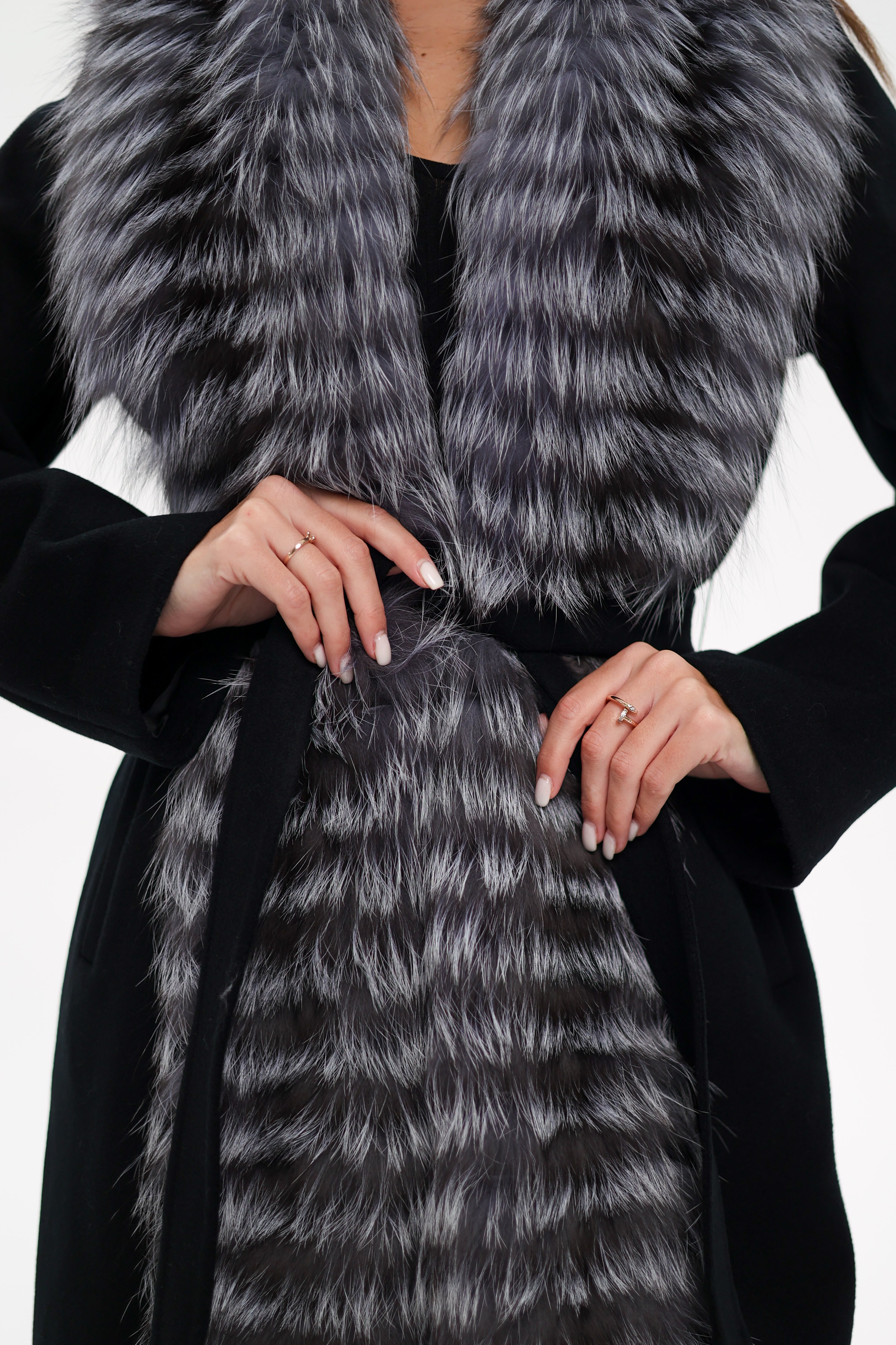 Genuine Silver Fox Virgin Wool Wrap Coat in Black - Energize Trek