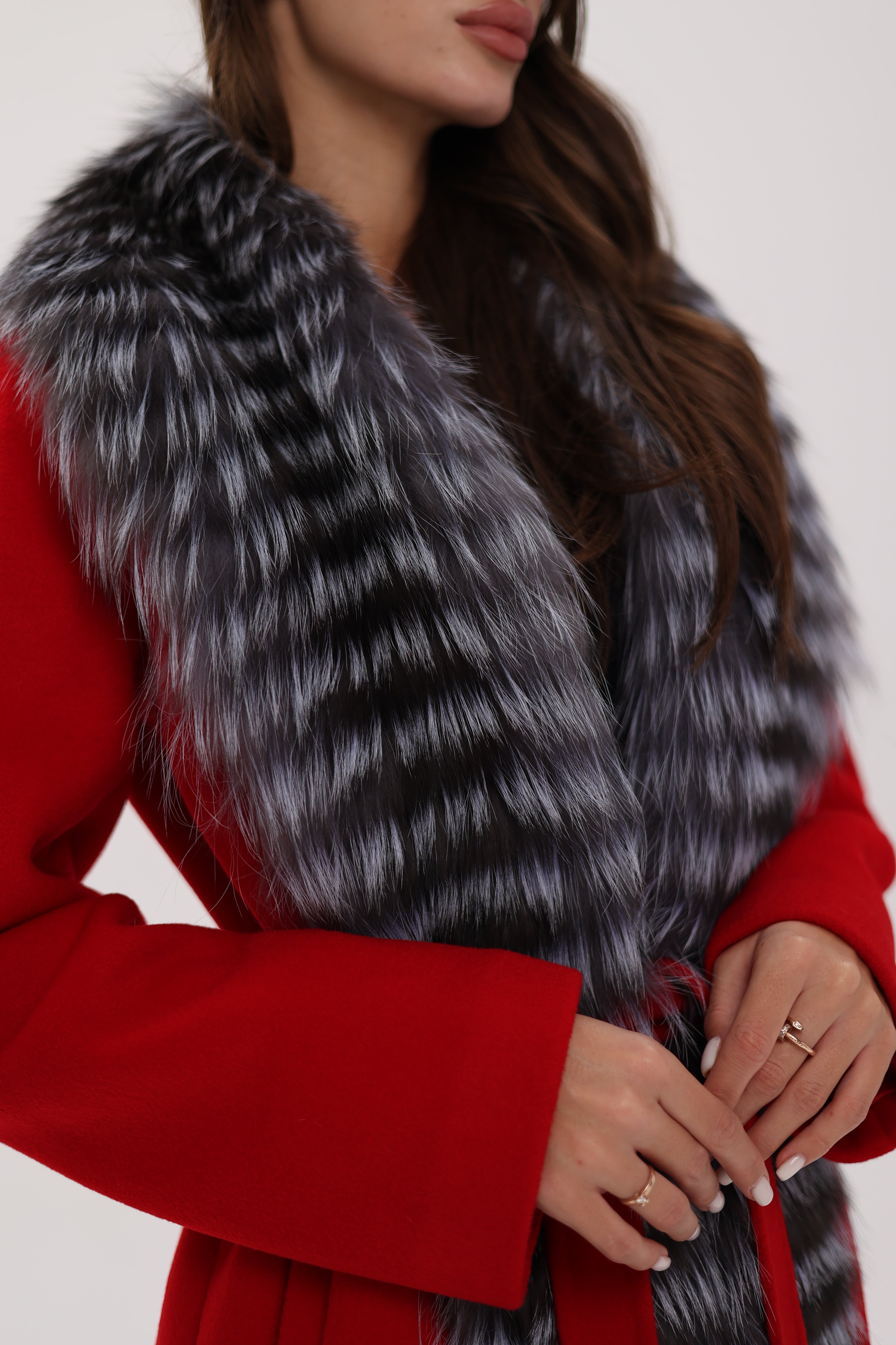Genuine Silver Fox Virgin Wool Wrap Coat in Red - Energize Trek