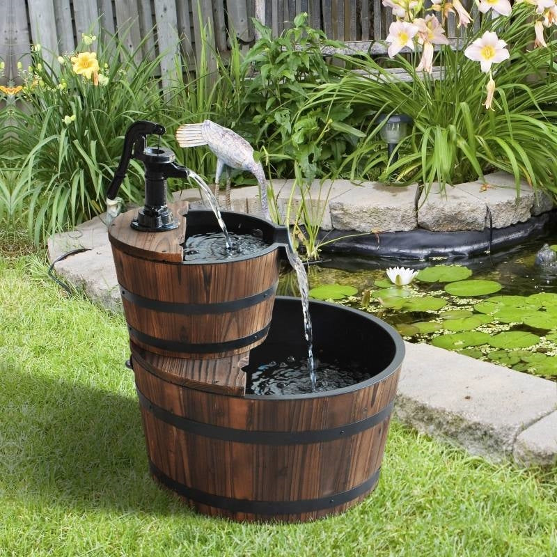 Outdoor 2-Tier Solid Wood Whisky Barrel Waterfall Fountain with Electric Pump - Energize Trek