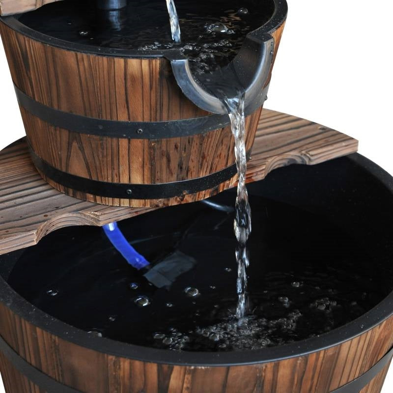 Outdoor 2-Tier Solid Wood Whisky Barrel Waterfall Fountain with Electric Pump - Energize Trek