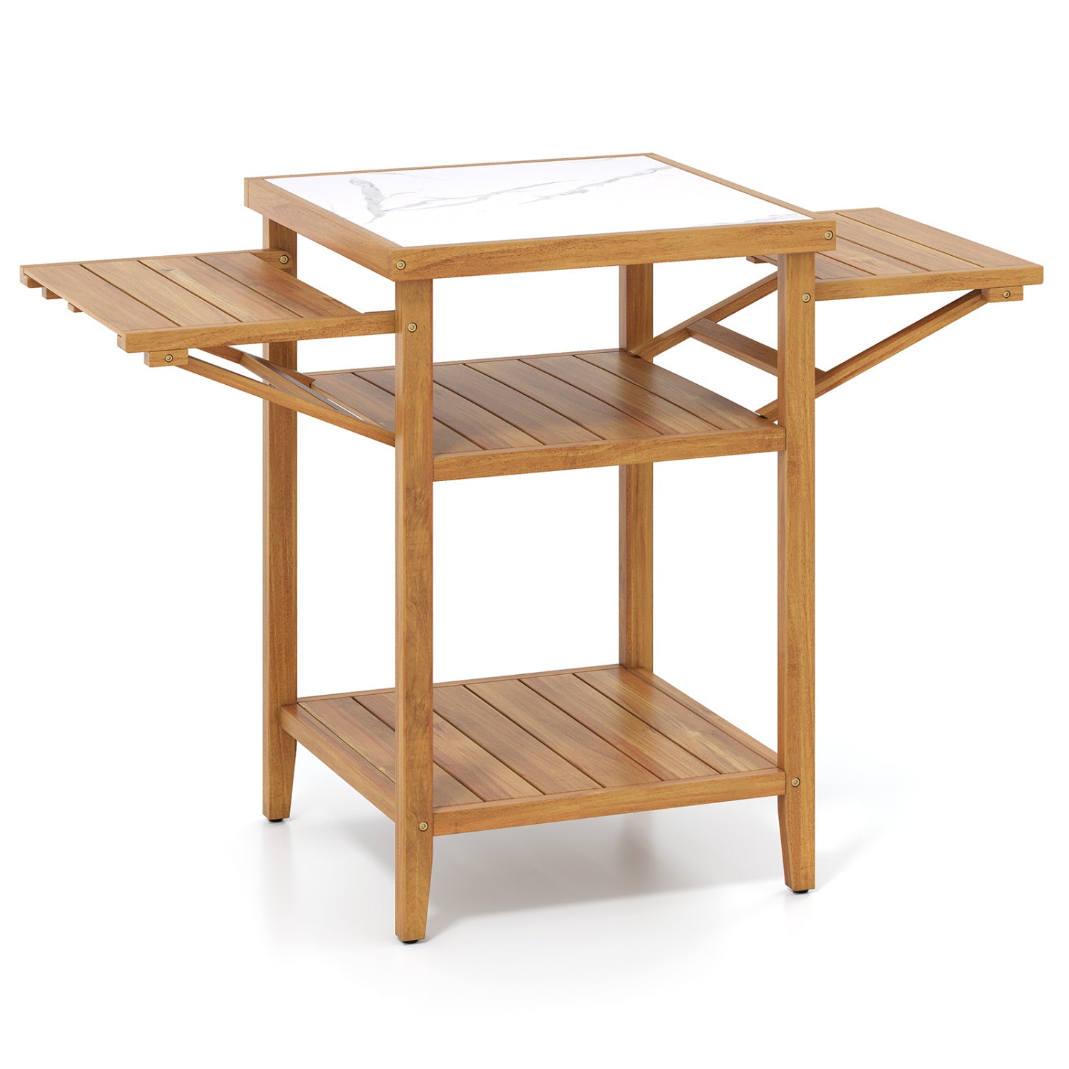 Acacia Wood Outdoor Grill Table with Faux Marble Top and Drop-Leaf Side Panels - Energize Trek