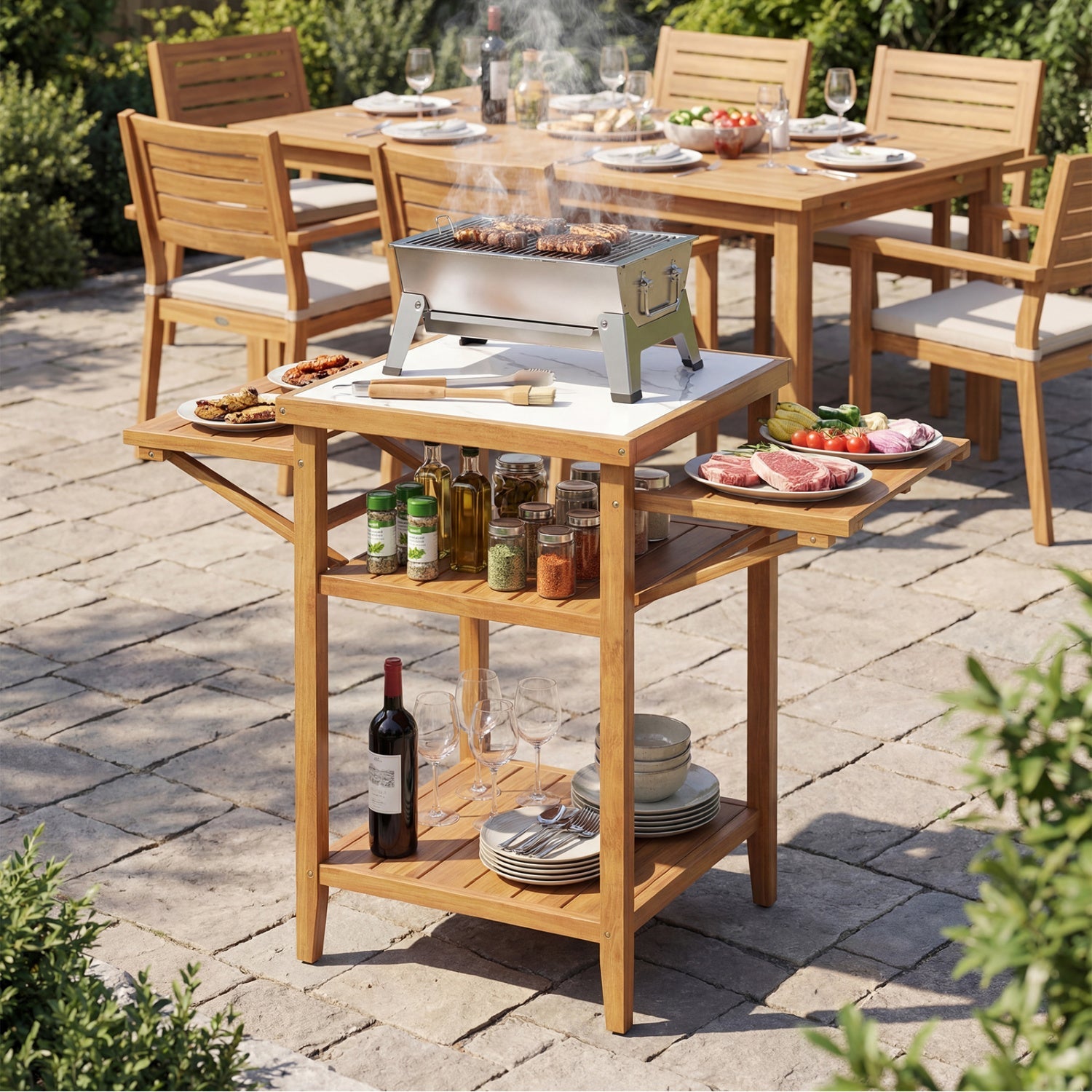 Acacia Wood Outdoor Grill Table with Faux Marble Top and Drop-Leaf Side Panels - Energize Trek