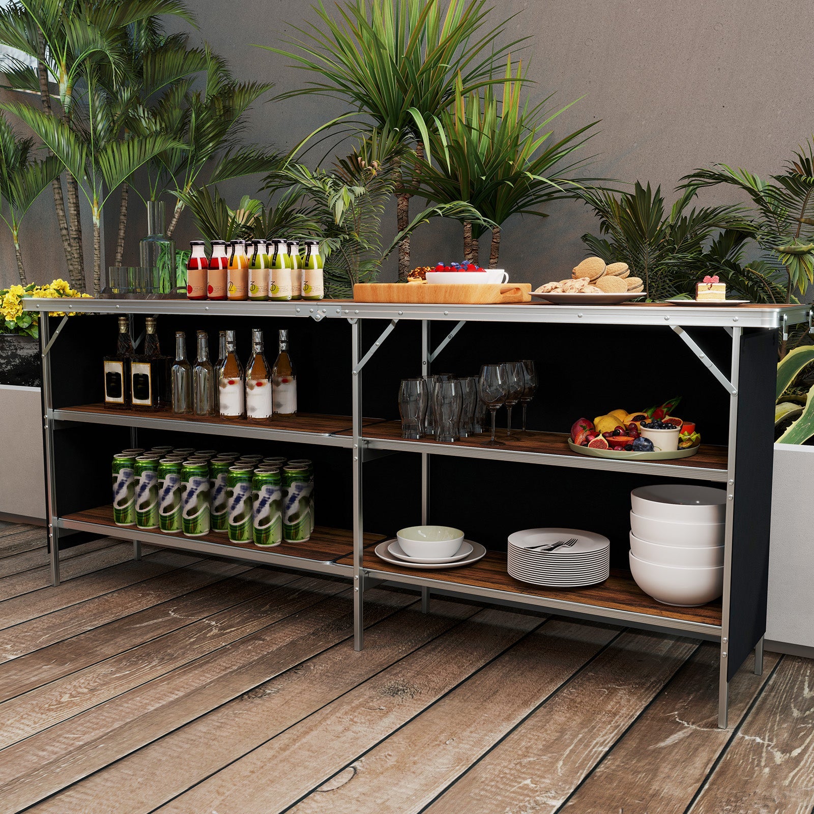 Aluminum Portable Picnic Table with 2-Tier Open Shelves and Spacious Tabletop - Energize Trek