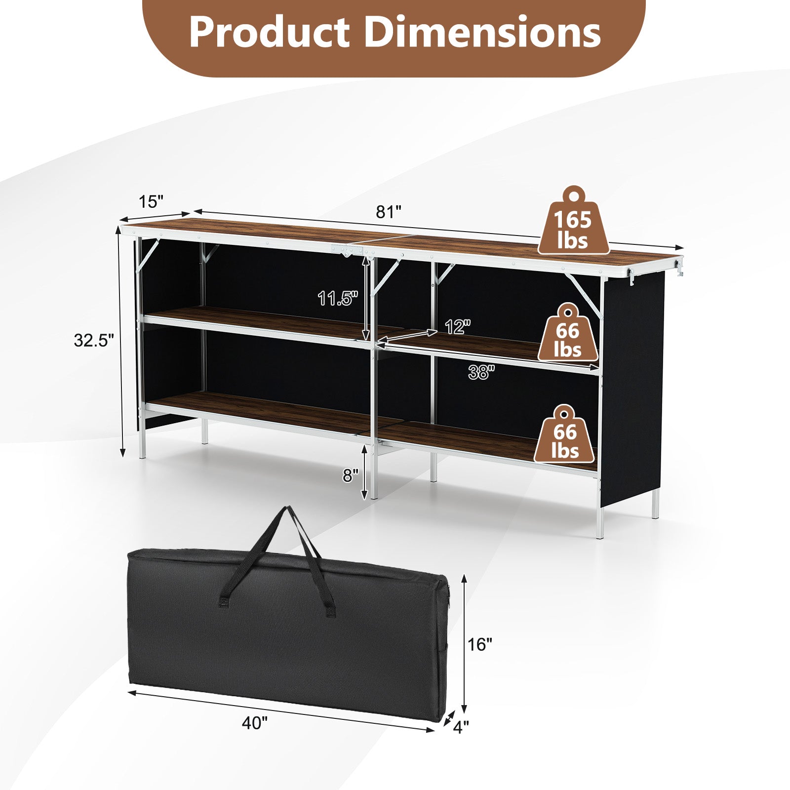 Aluminum Portable Picnic Table with 2-Tier Open Shelves and Spacious Tabletop - Energize Trek