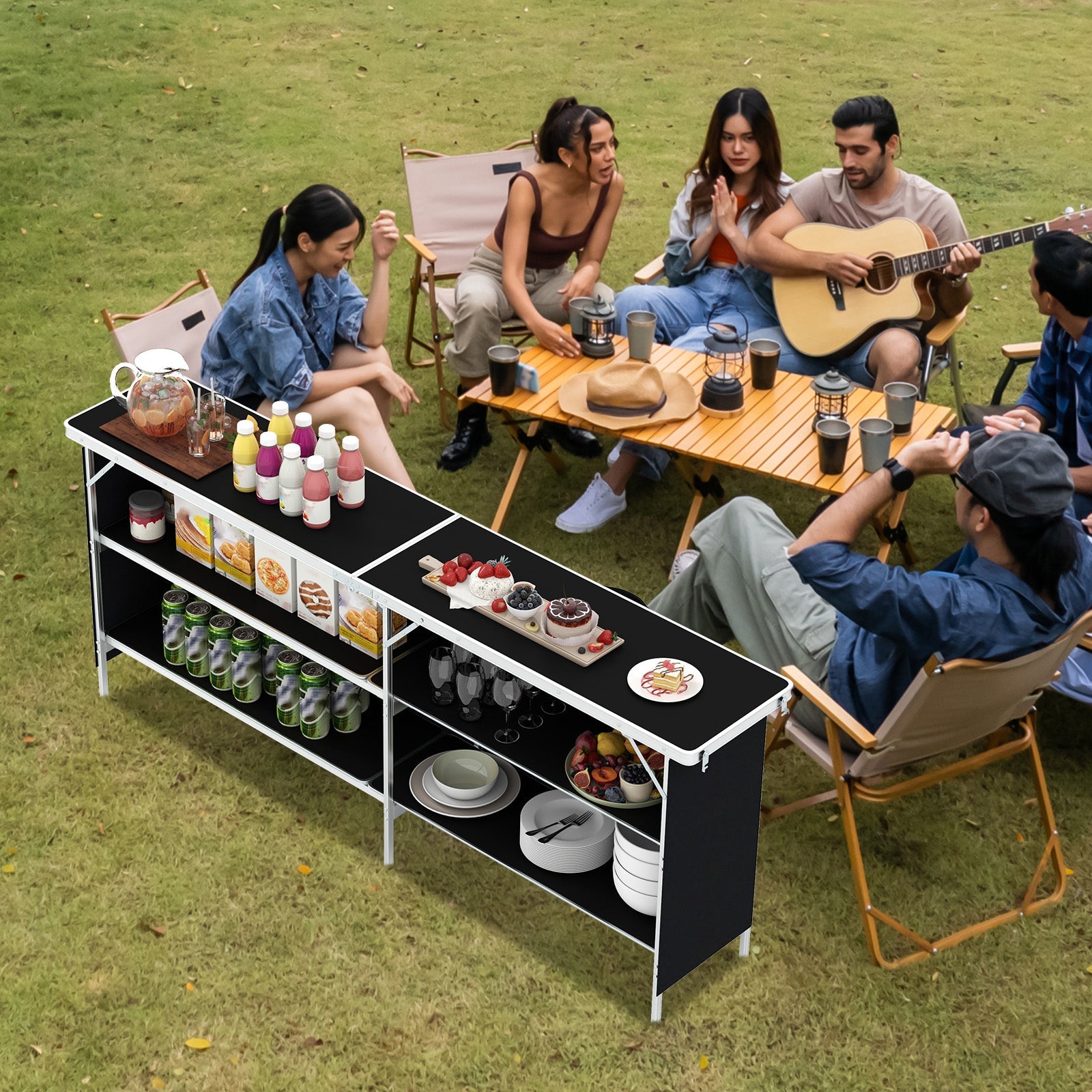 Aluminum Portable Picnic Table with 2-Tier Open Shelves and Spacious Tabletop - Energize Trek