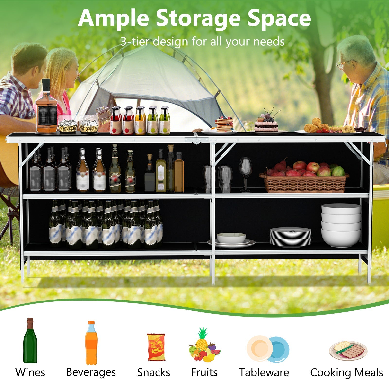 Aluminum Portable Picnic Table with 2-Tier Open Shelves and Spacious Tabletop - Energize Trek