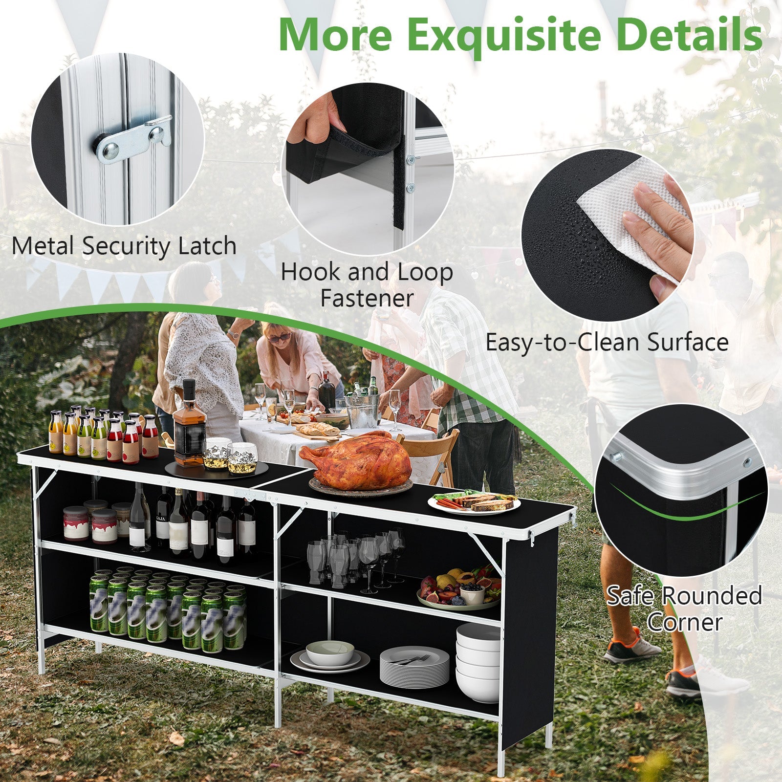 Aluminum Portable Picnic Table with 2-Tier Open Shelves and Spacious Tabletop - Energize Trek