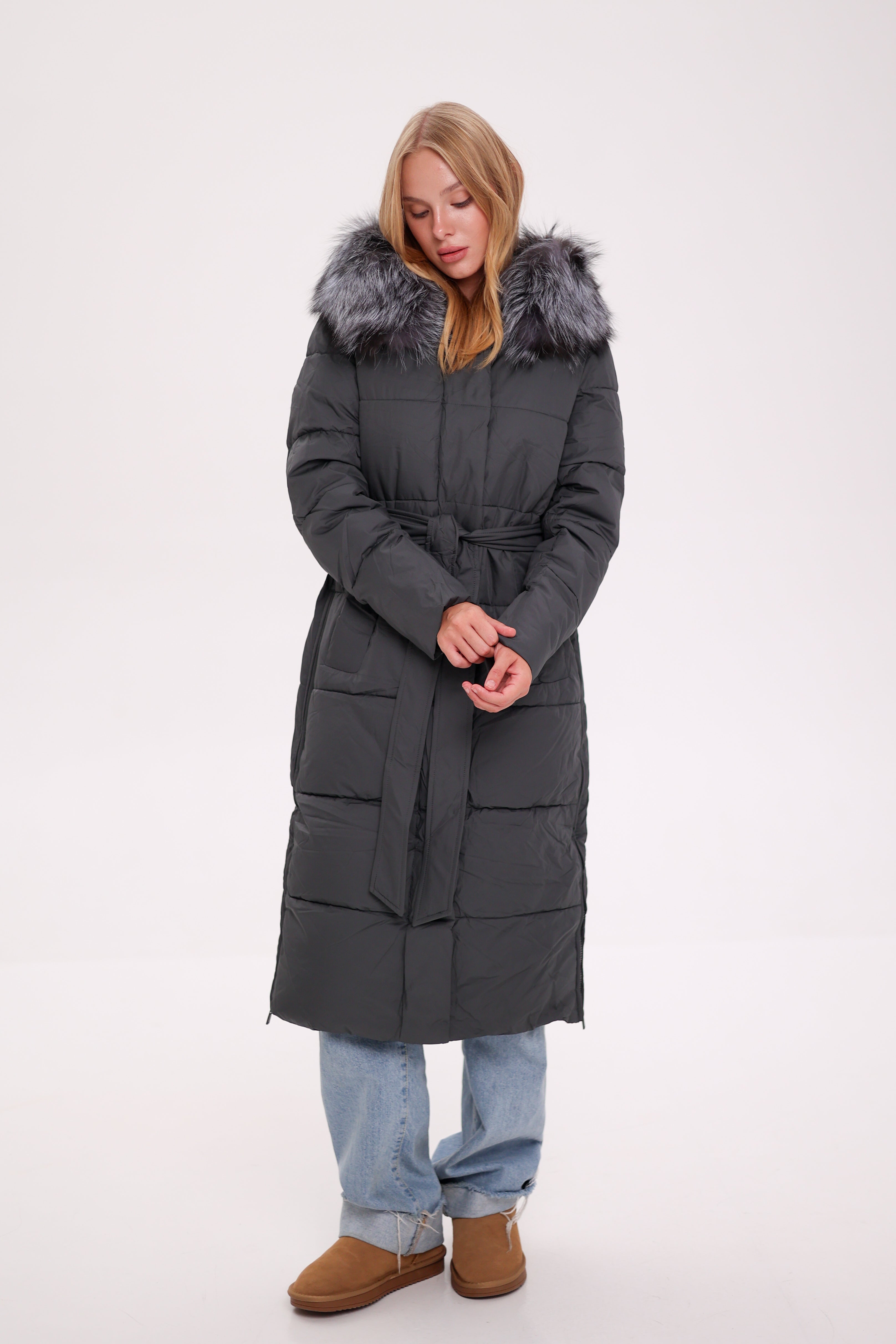 Genuine Silver Fox Belted Winter Insulated Coat - Energize Trek