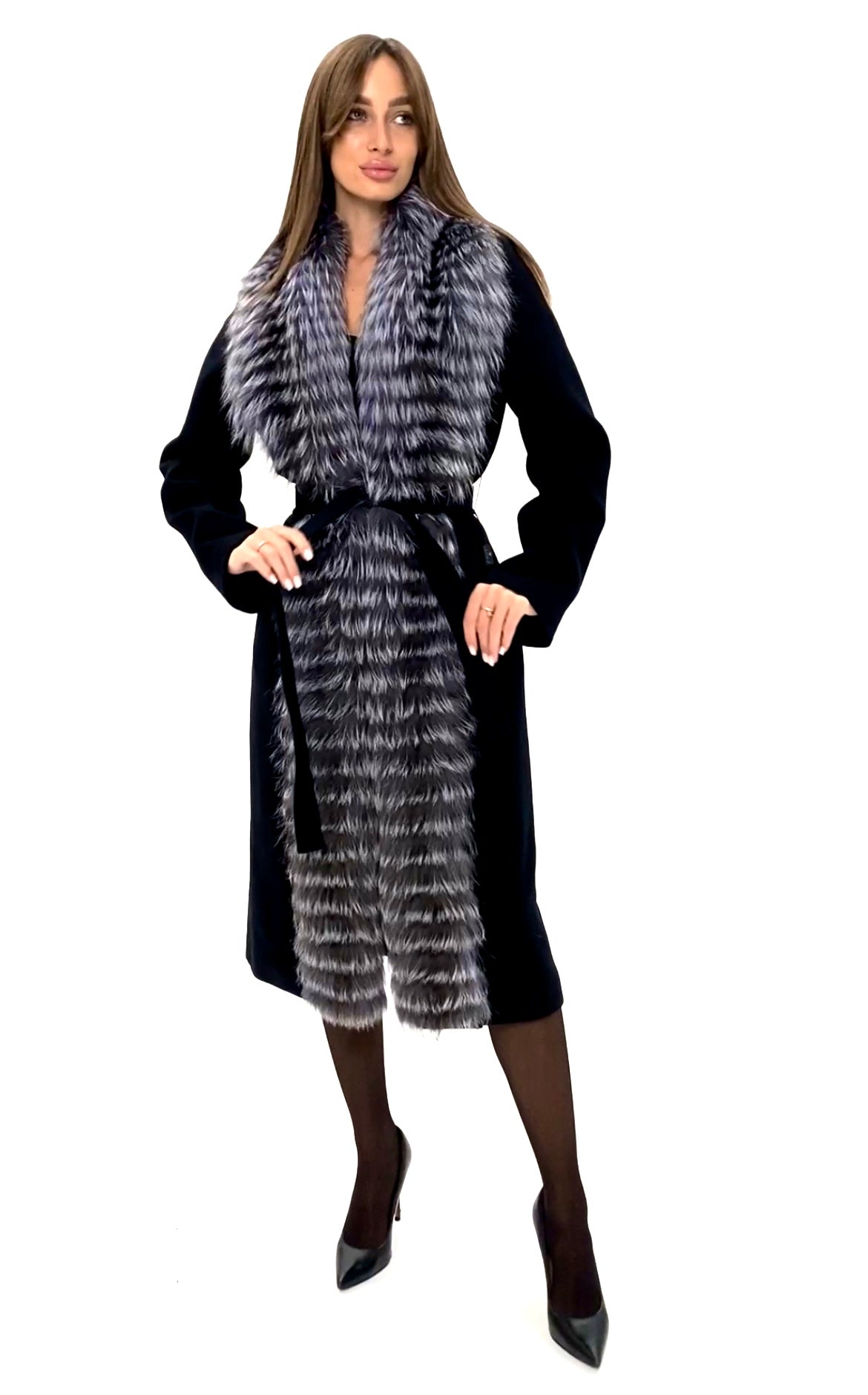 Genuine Silver Fox Virgin Wool Wrap Coat in Black - Energize Trek