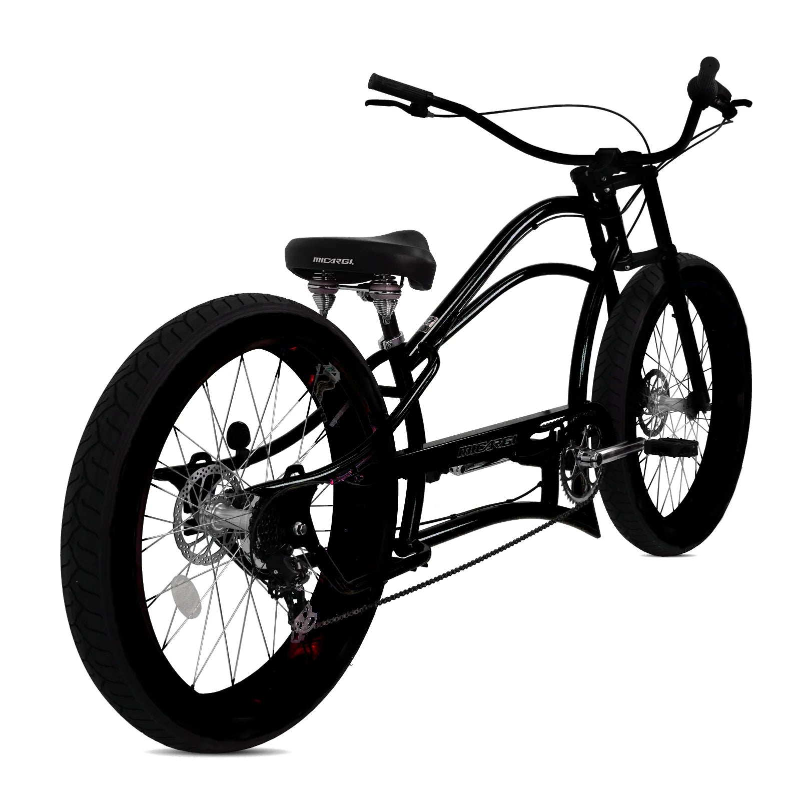 Micargi Boston 26” Chopper Cruiser Bikes, Stretch Steel Frame, Shimano 7-Speed Disc Brake Triple Tree Fork, HI RISE Handlebar , Alloy 3" Fat Black Rim 36H*13G Black Spokes, Fat Tire Black 26*4.0, - Energize Trek