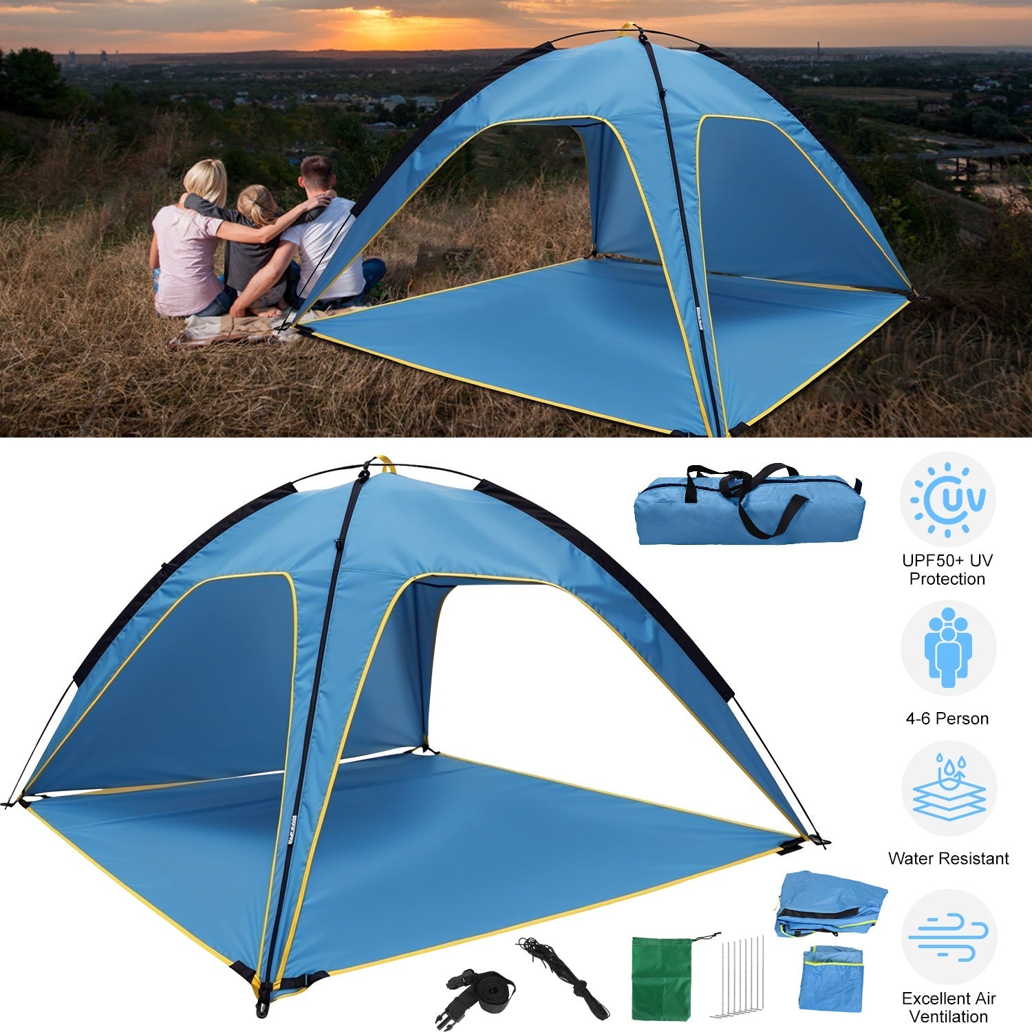 Beach Tent Outdoor Waterproof Tent Canopy for 4-6 Person with 3 Door Openings Carrying Bag UPF50+ Easy Setup for Beach Picnic Camping Hiking Adventure - Energize Trek