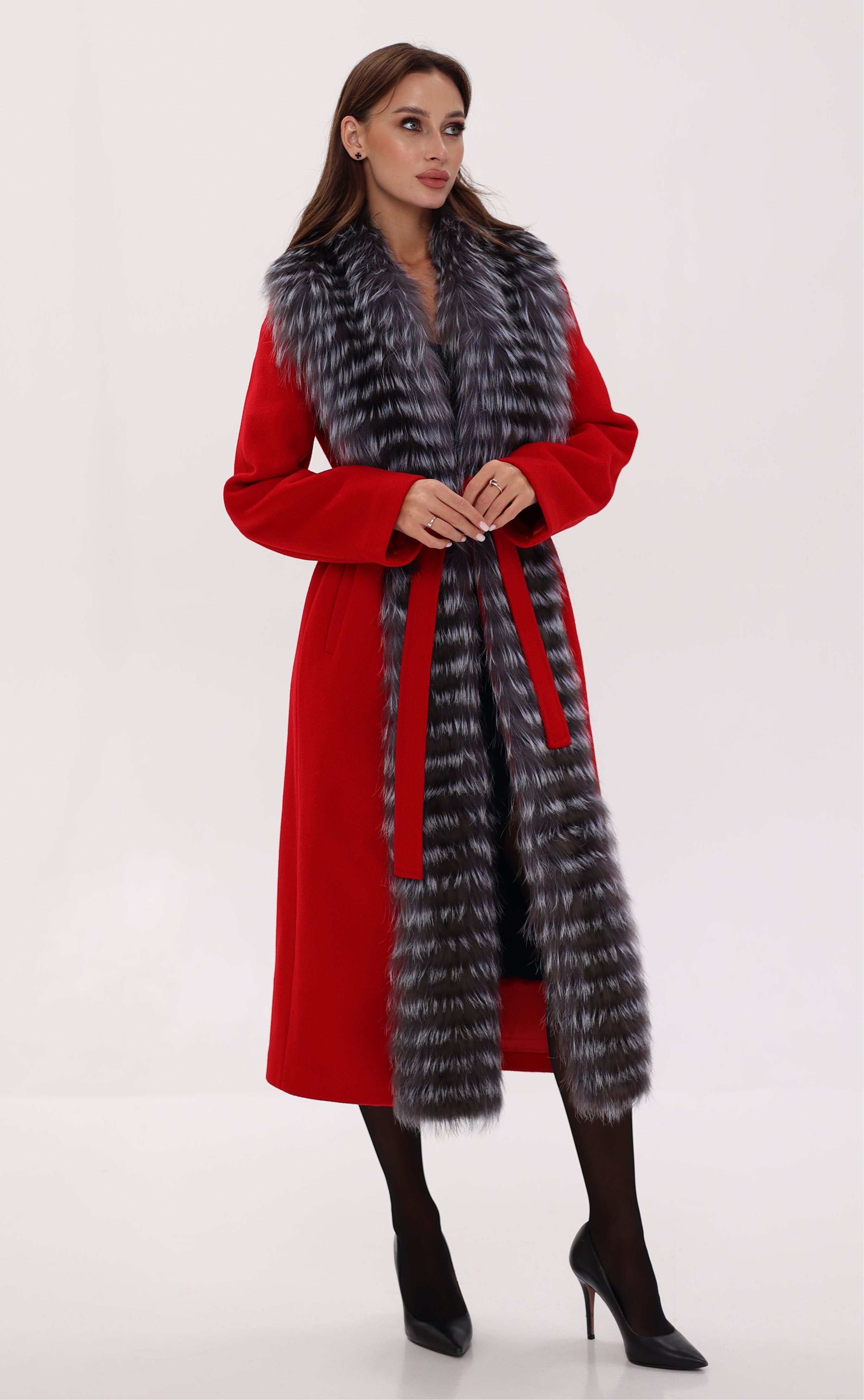 Genuine Silver Fox Virgin Wool Wrap Coat in Red - Energize Trek