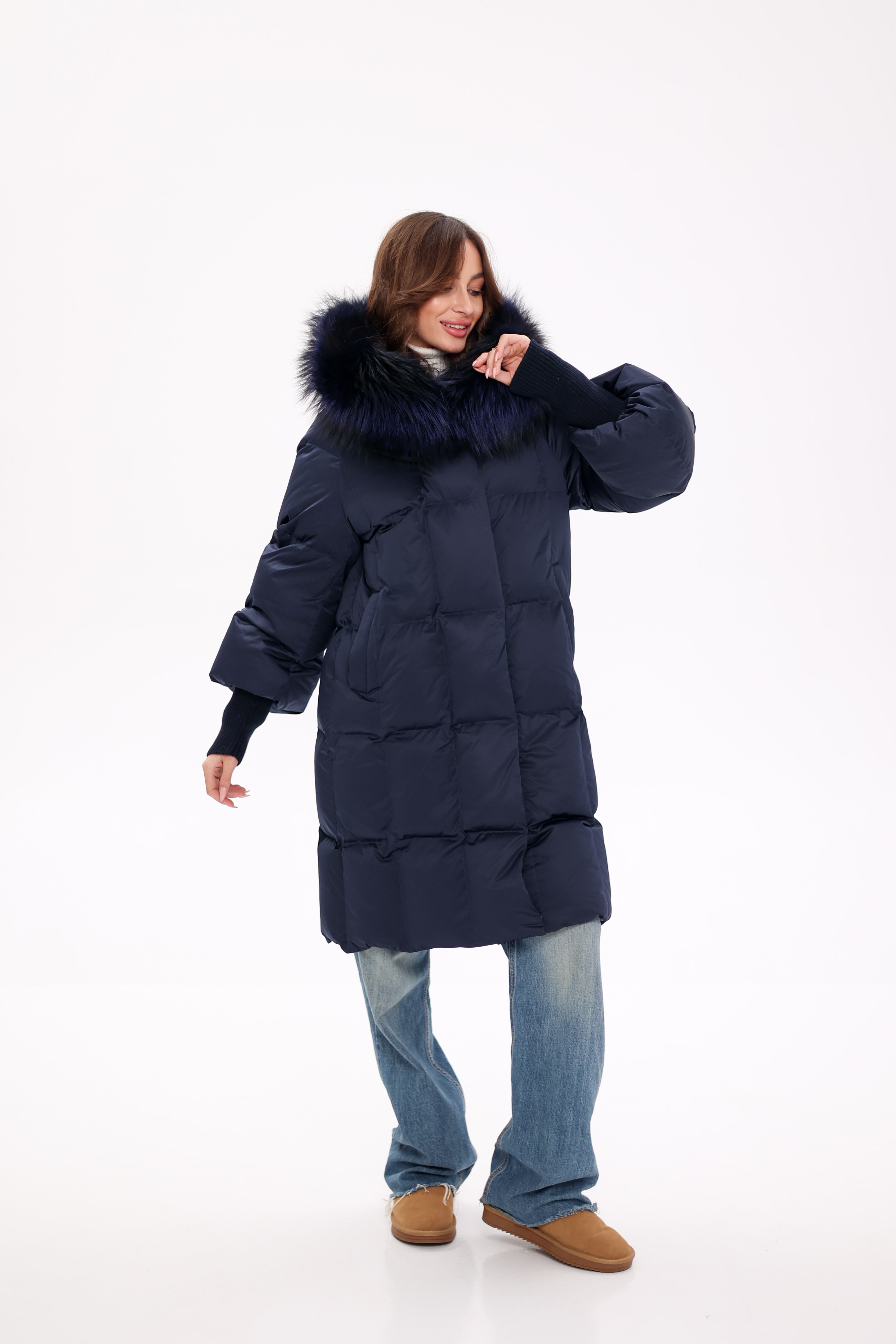 Genuine Fox Fur Trim Down Coat in Royal Blue - Energize Trek