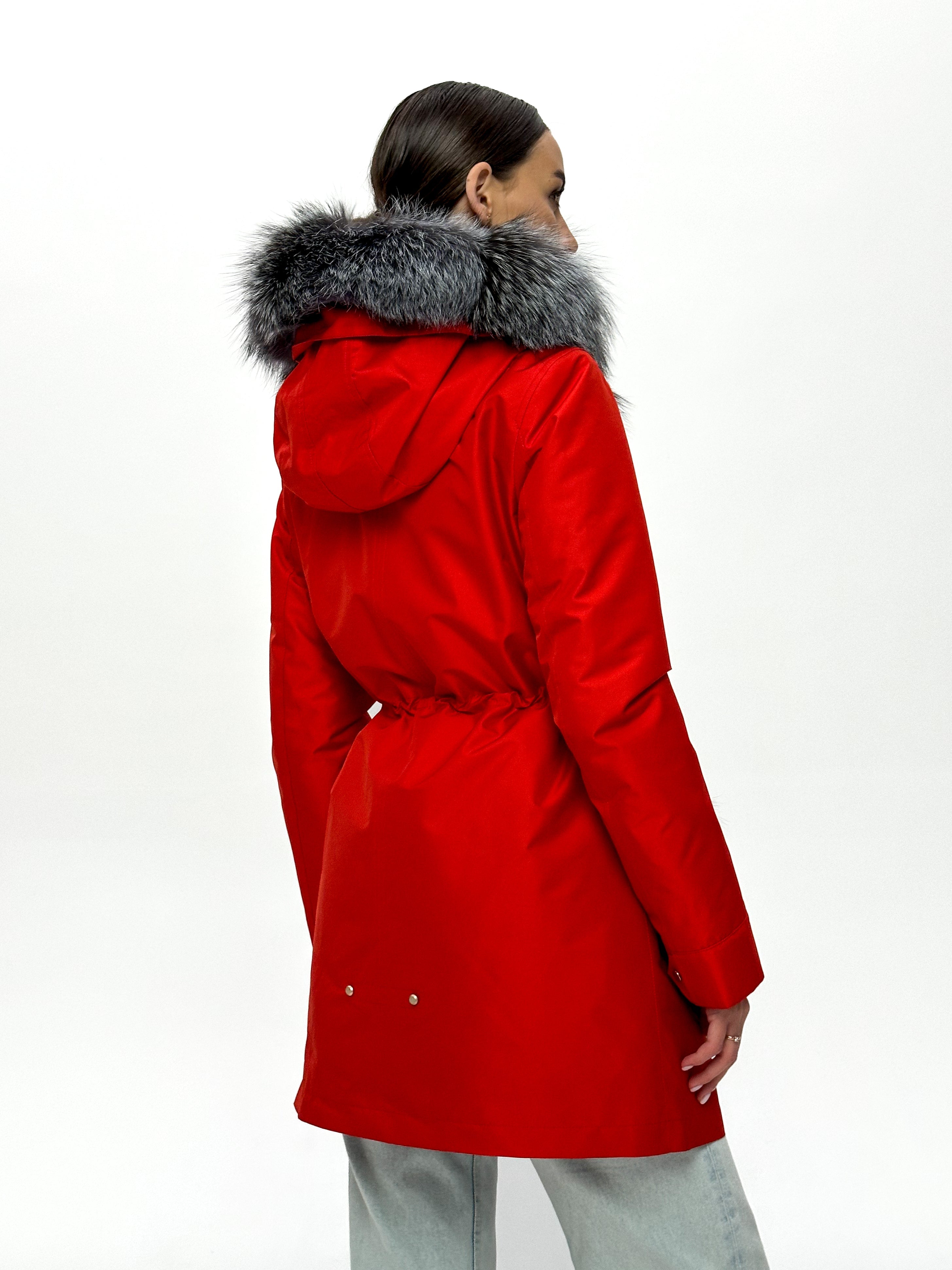 Roma Genuine Silver Fox Fur Rabbit Fur Insulated Parka in Red - Energize Trek