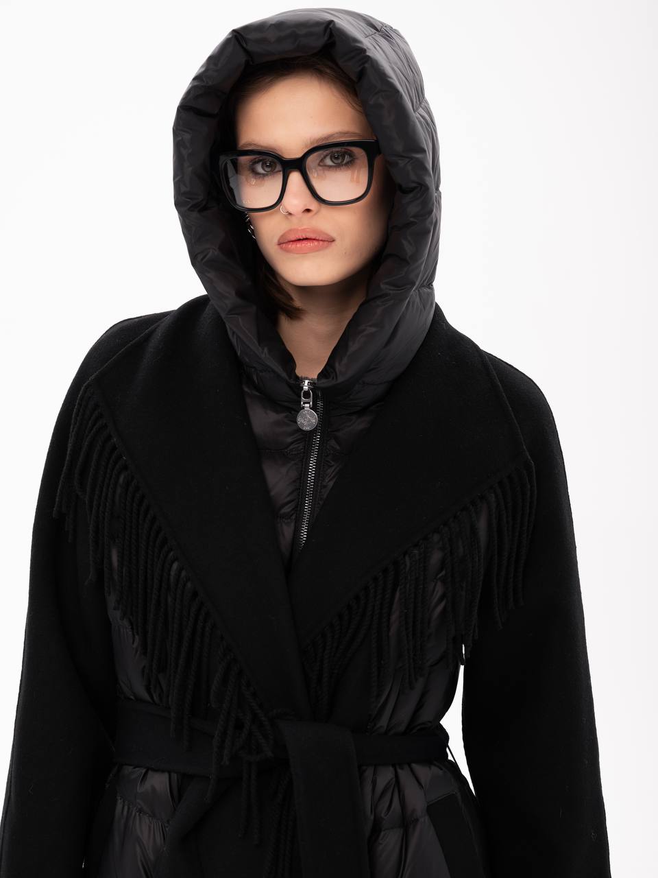 Kennedy Fringe Luxe Down Wool Blend Coat in Black - Energize Trek