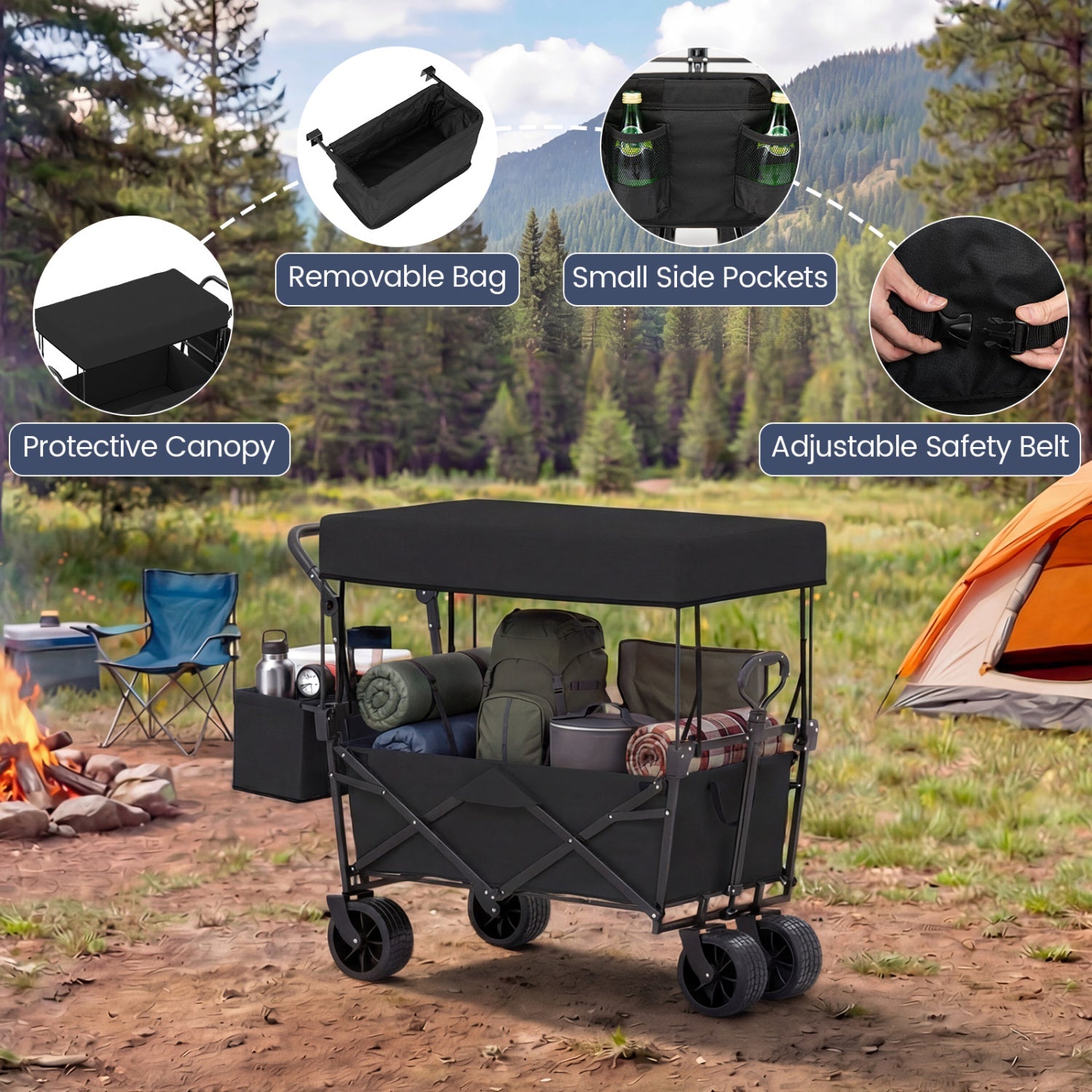 Collapsible Wagon with Removable Canopy and Detachable Storage Bag - Energize Trek