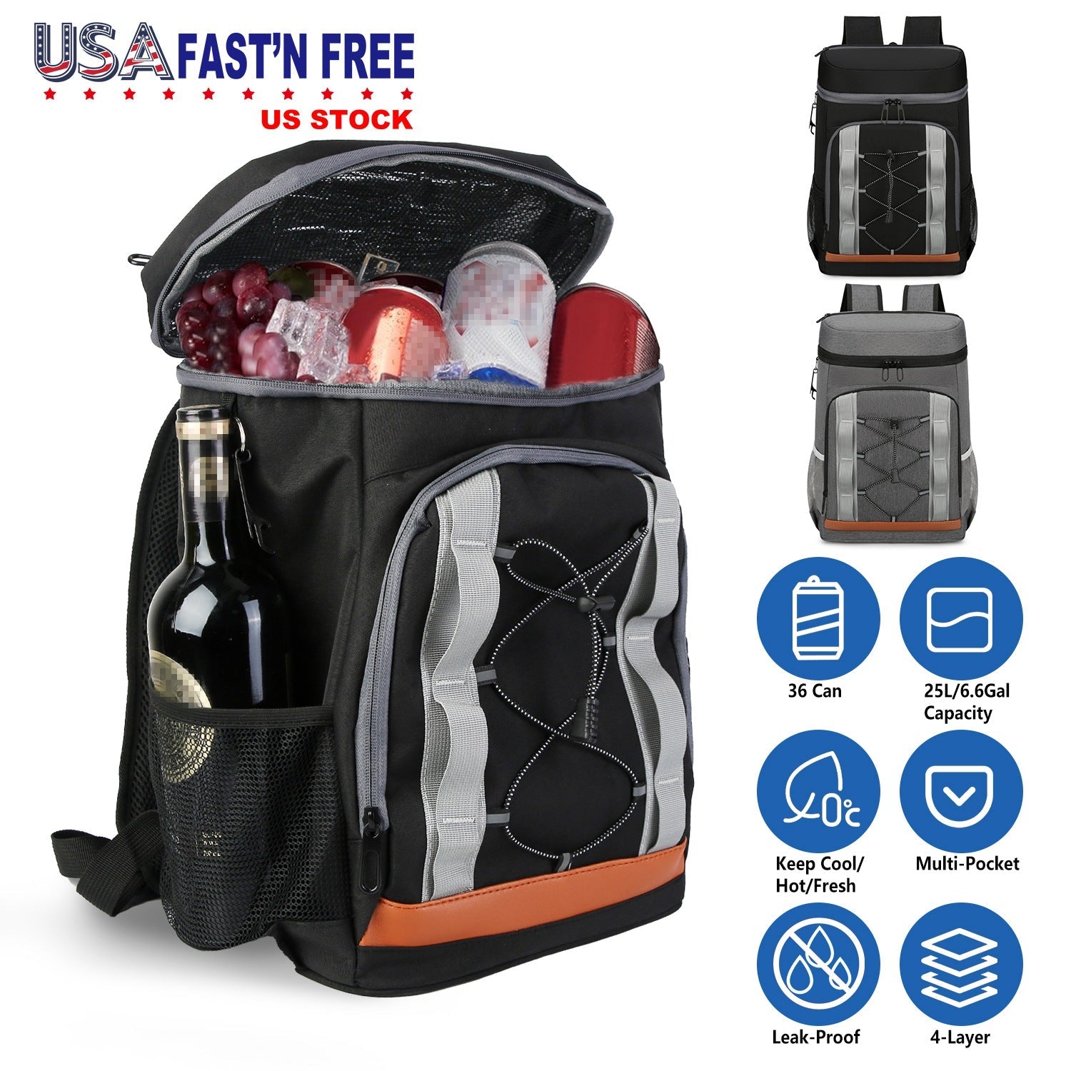 Cooler Backpack 36 Can Leakproof Insulated Cooler Backpack with 25L/6.6Gal for Picnic Camping Beach Hiking Fishing Travel - Energize Trek