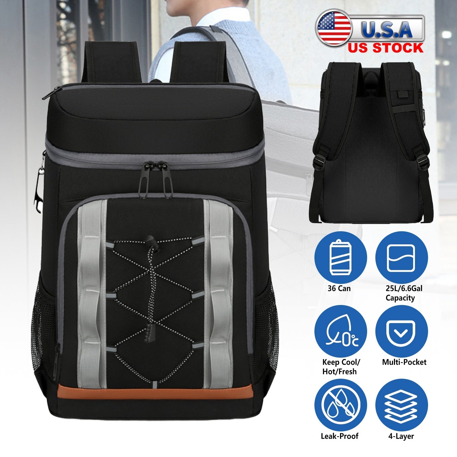 Cooler Backpack 36 Can Leakproof Insulated Cooler Backpack with 25L/6.6Gal for Picnic Camping Beach Hiking Fishing Travel - Energize Trek