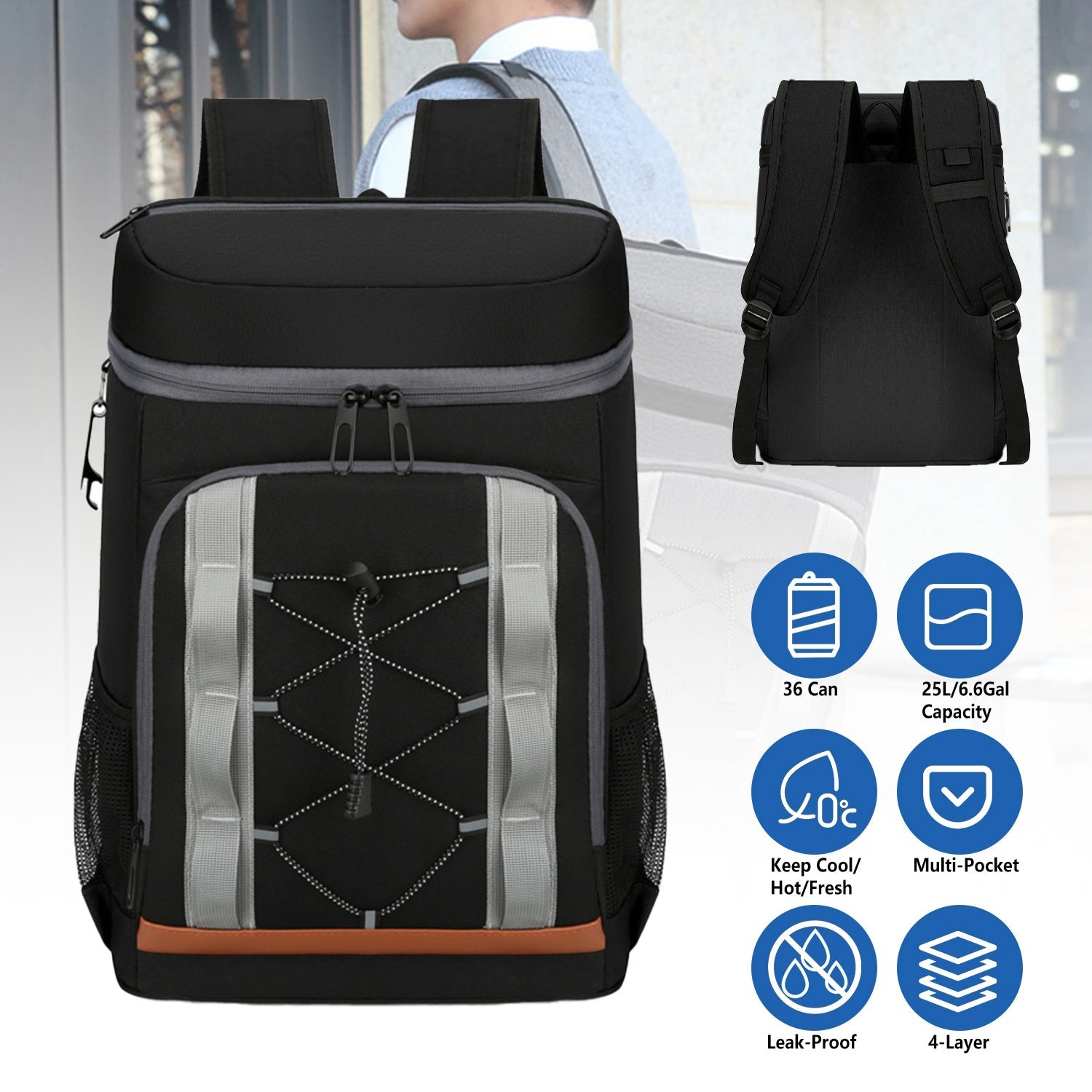 Cooler Backpack 36 Can Leakproof Insulated Cooler Backpack with 25L/6.6Gal for Picnic Camping Beach Hiking Fishing Travel - Energize Trek