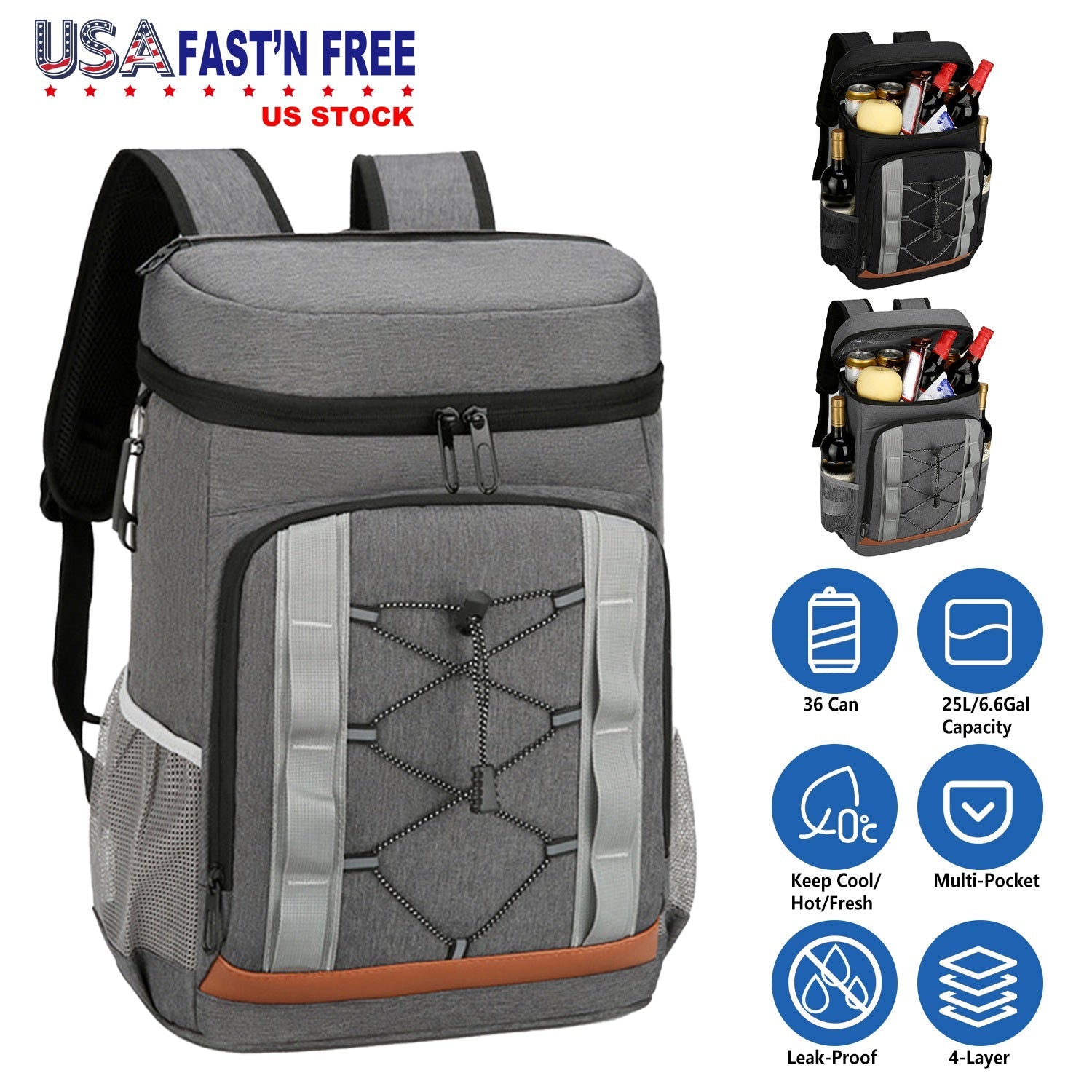 Cooler Backpack 36 Can Leakproof Insulated Cooler Backpack with 25L/6.6Gal for Picnic Camping Beach Hiking Fishing Travel - Energize Trek