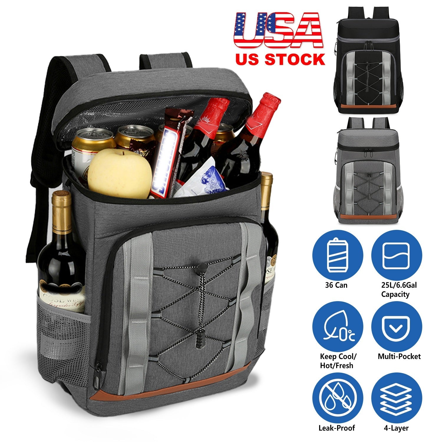 Cooler Backpack 36 Can Leakproof Insulated Cooler Backpack with 25L/6.6Gal for Picnic Camping Beach Hiking Fishing Travel - Energize Trek