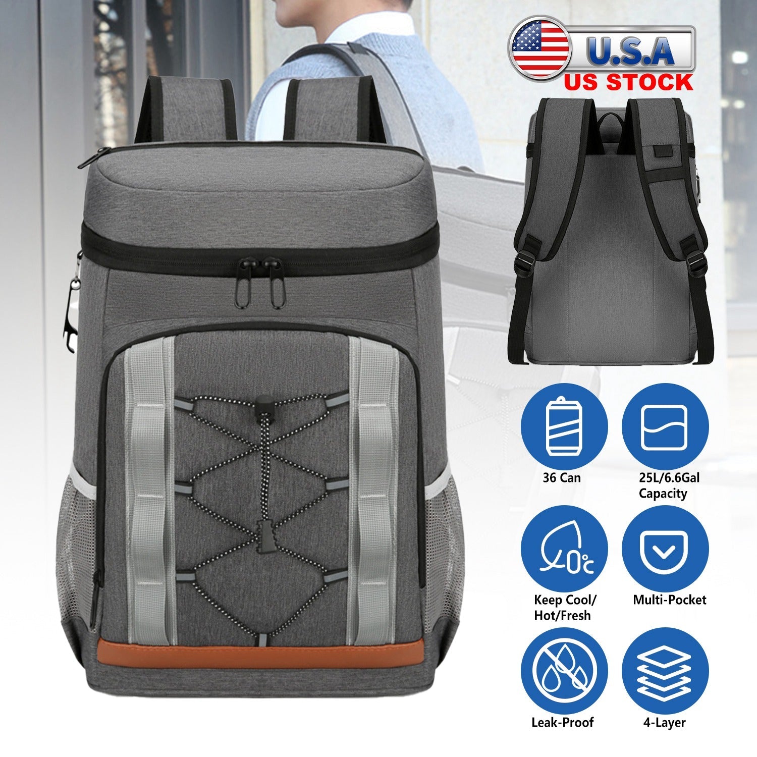 Cooler Backpack 36 Can Leakproof Insulated Cooler Backpack with 25L/6.6Gal for Picnic Camping Beach Hiking Fishing Travel - Energize Trek