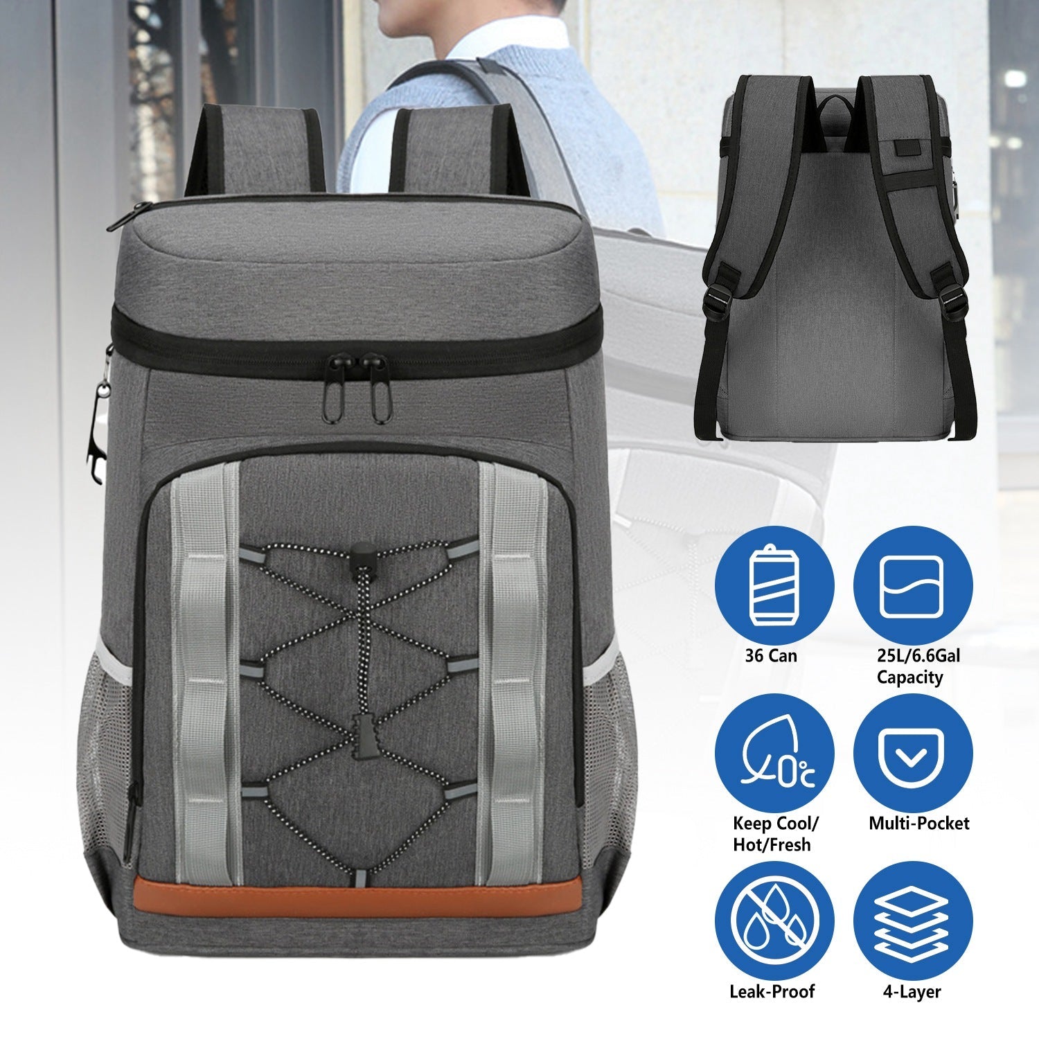Cooler Backpack 36 Can Leakproof Insulated Cooler Backpack with 25L/6.6Gal for Picnic Camping Beach Hiking Fishing Travel - Energize Trek