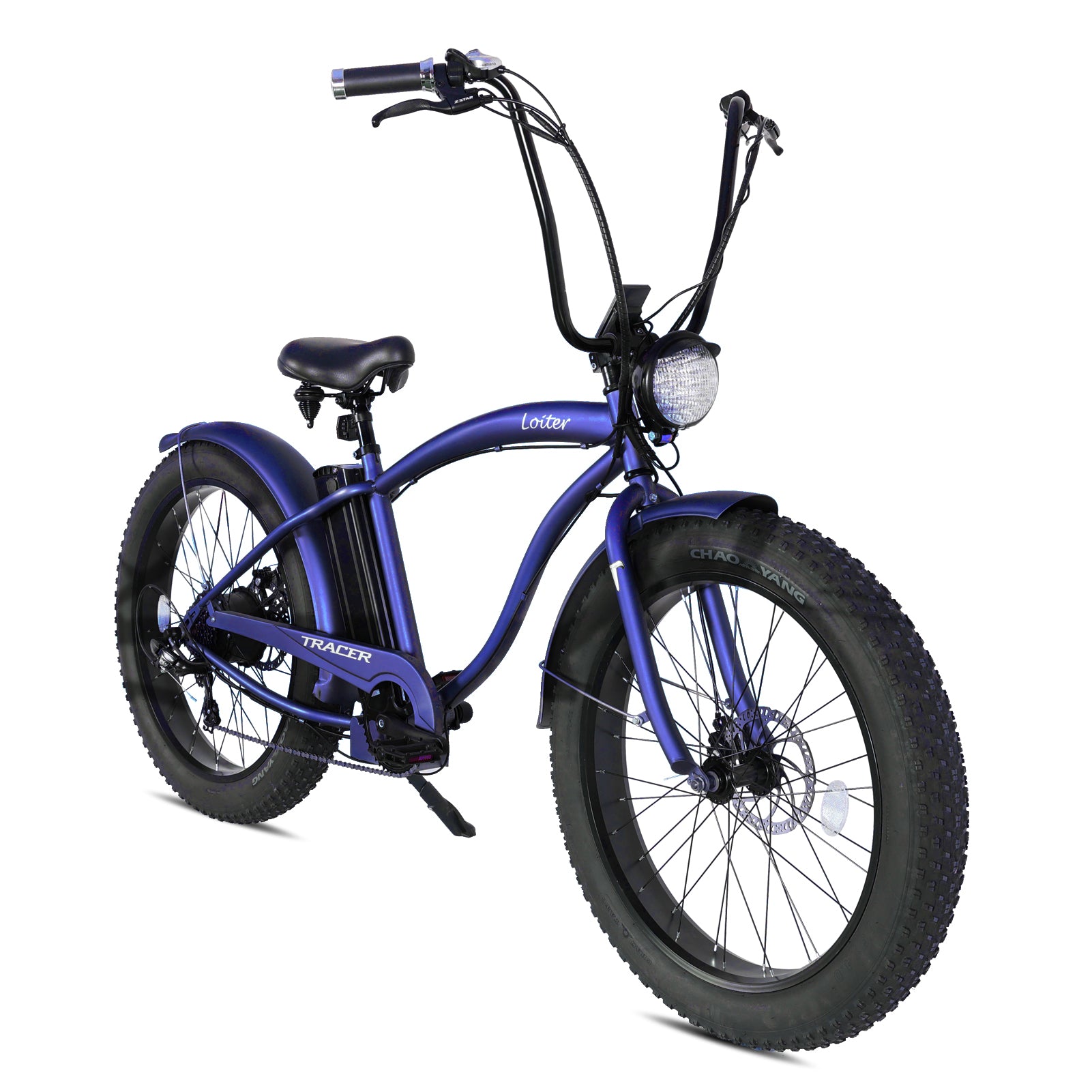 Tracer Loiter 26" Cruiser E-Bike Shimano 7-Speed Steel Frame Triple Tree Fork Disc Brake HANDLEBAR Steel Hi-Rise Hi15¡± W31.5¡± Fat Black Rims 3" 26x4.0 Tires Motor 800W Panasonic Lithium Battery 48V/17.5 Ah Li-ion Color: Blue 2299.00 - Energize Trek