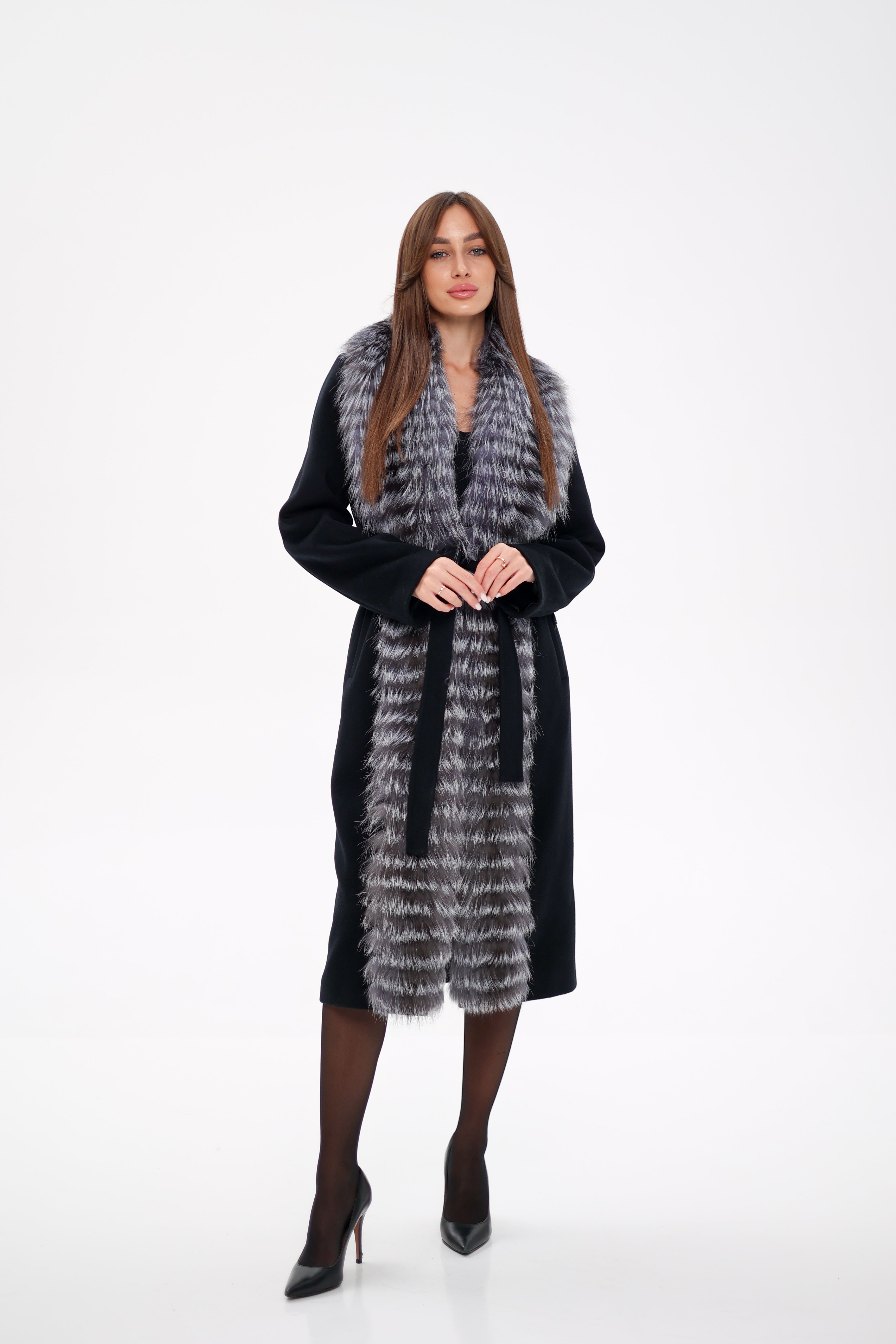 Genuine Silver Fox Virgin Wool Wrap Coat in Black - Energize Trek