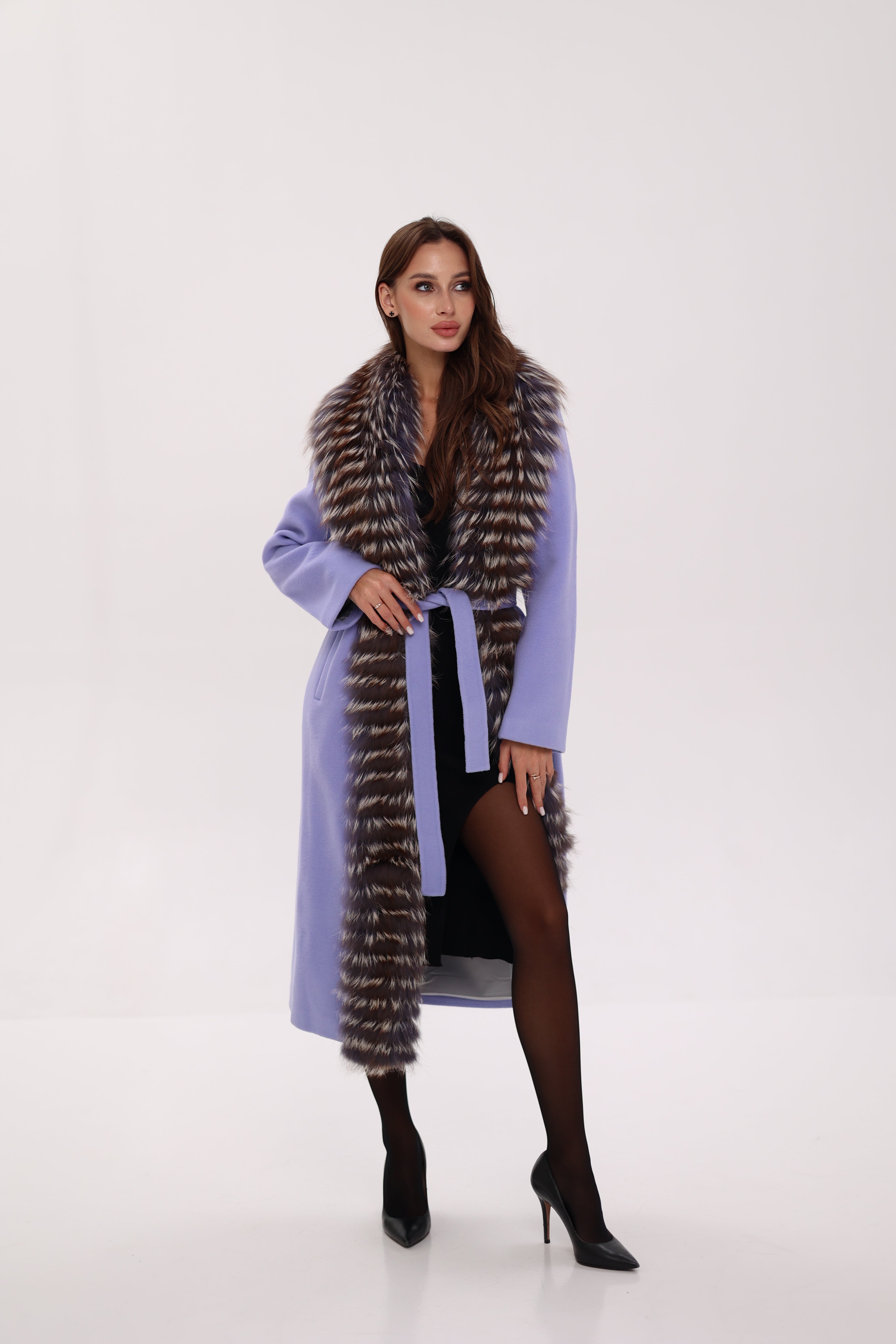 Genuine Silver Fox Virgin Wool Wrap Coat in Lavender - Energize Trek