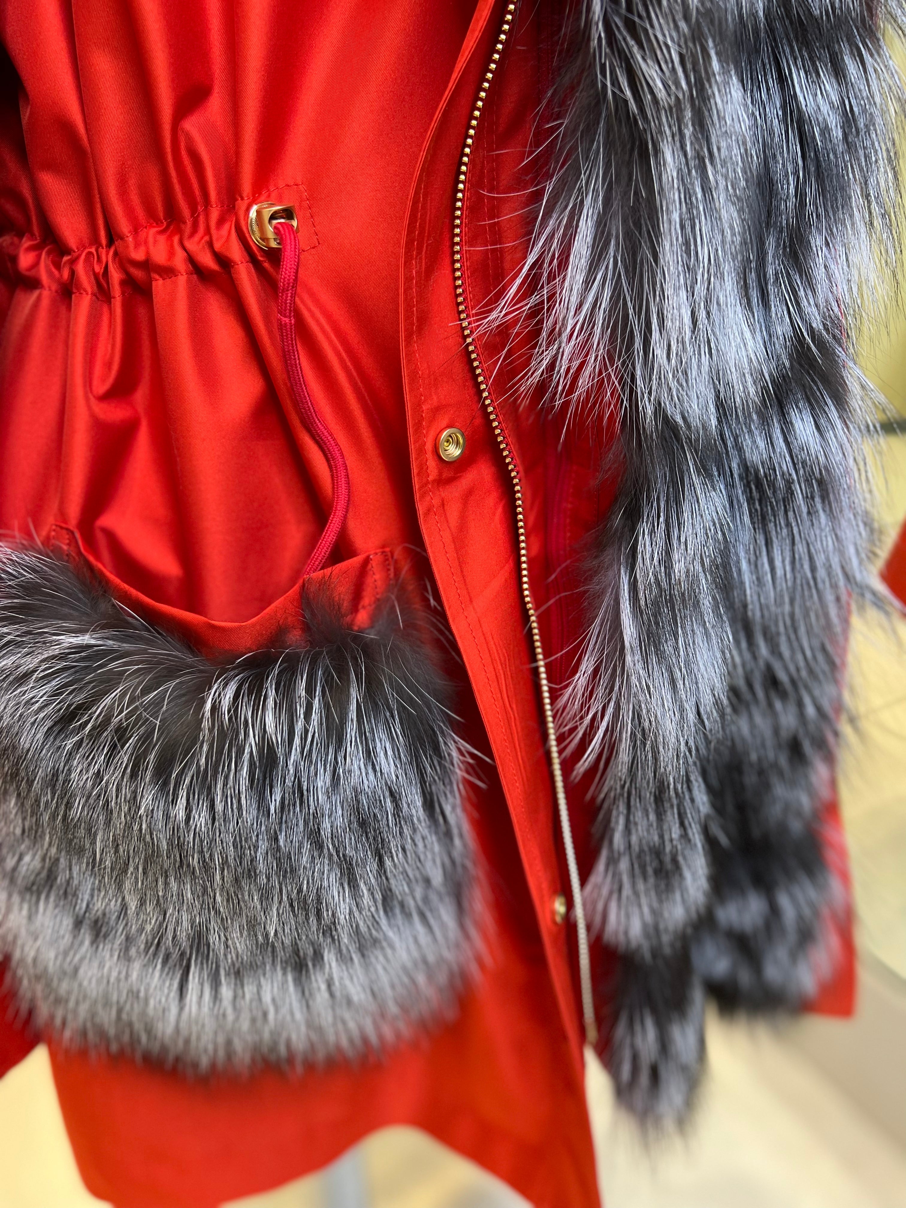 Roma Genuine Silver Fox Fur Rabbit Fur Insulated Parka in Red - Energize Trek
