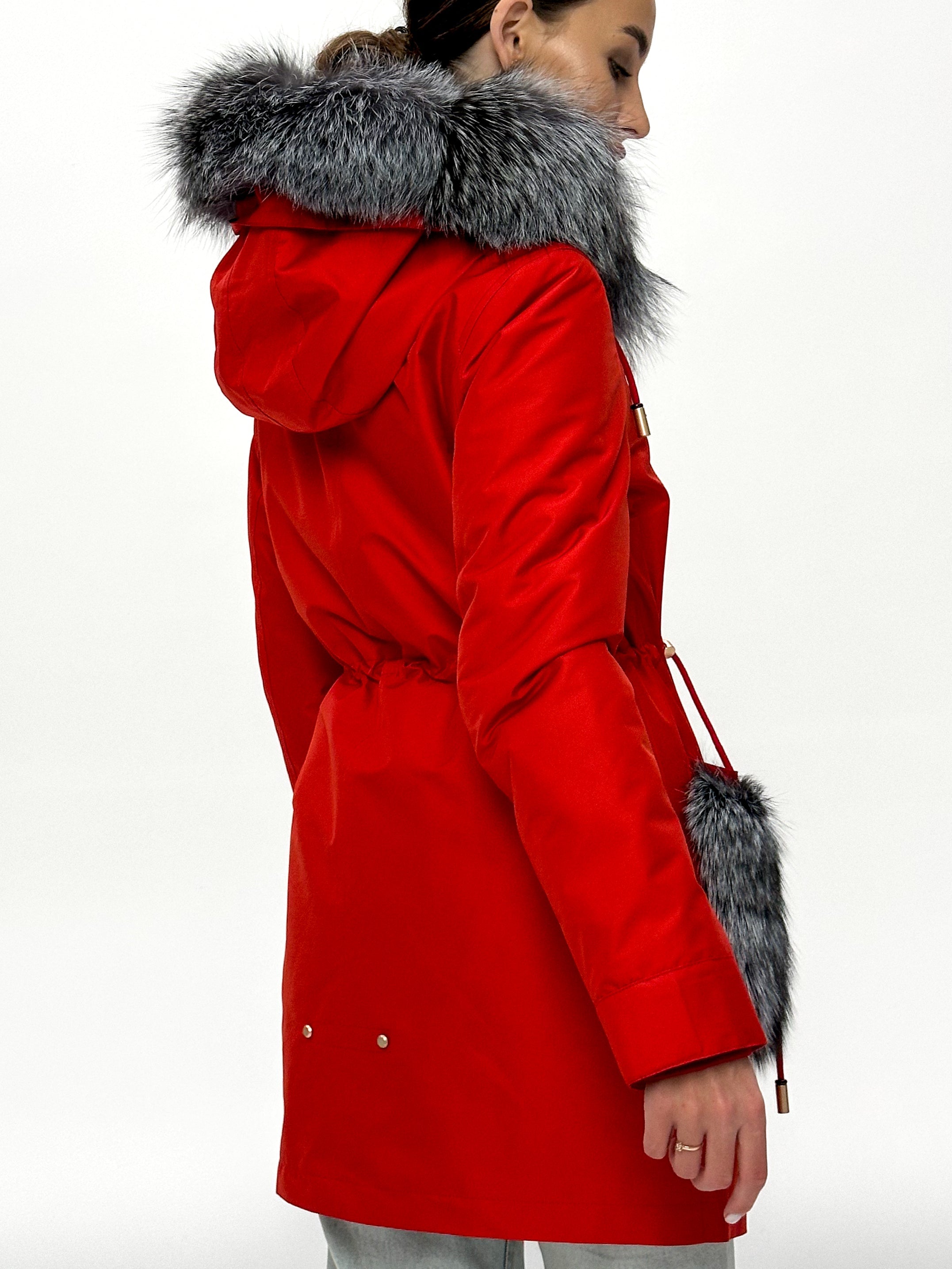 Roma Genuine Silver Fox Fur Rabbit Fur Insulated Parka in Red - Energize Trek